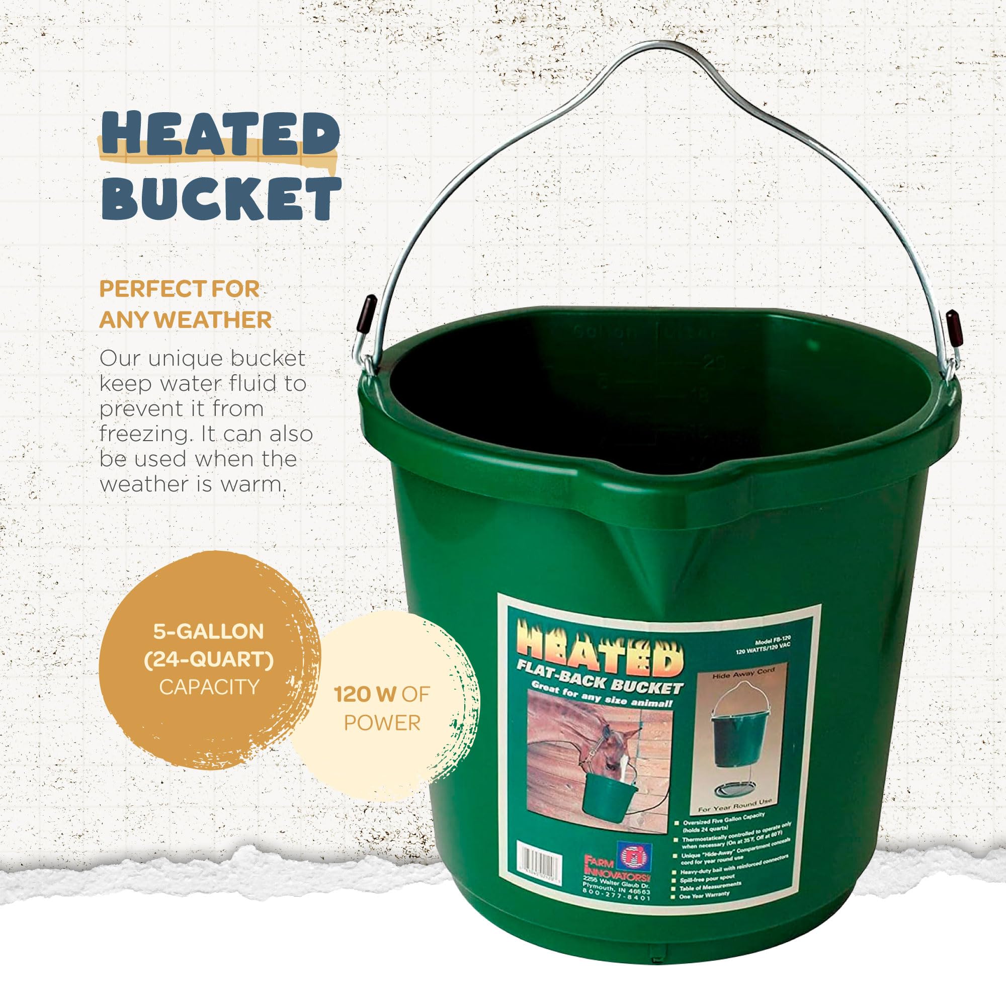 Farm Innovators FB-120 24 Quart Heated Plastic Bucket with Metal Handle - Thermostat Controlled, Hidden Cord Storage, 120W (2 Pack) for Livestock Watering in Winter & Outdoor Animal Care