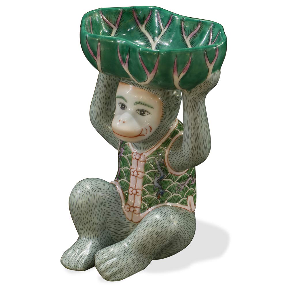 Chinese Porcelain Monkey Figurine with Lotus Soap Dish - Handcrafted Home Decor for Bathroom, Living Room & Feng Shui Display