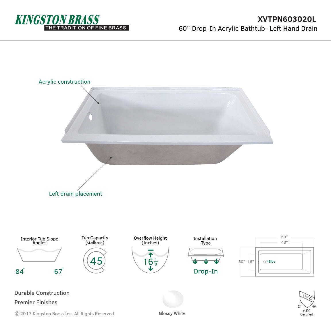 Aqua Eden 60-Inch Acrylic Rectangular Drop-In Bathtub | Left-Hand Drain | Glossy White Finish | Perfect for Modern Bathroom Renovations & Spa-Like Relaxation