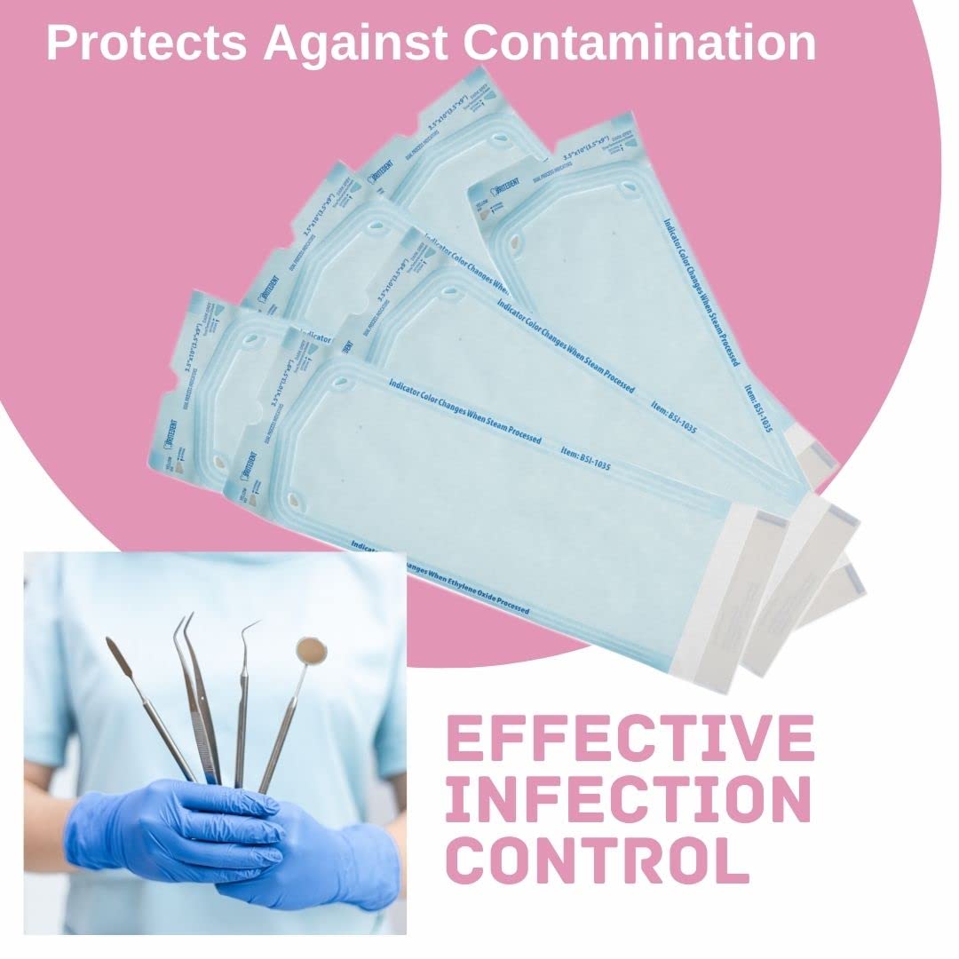 Self Sealing Sterilization Pouches 3.5” x 10” - 200 Pack Autoclave Bags for Dental & Medical Instruments | Triple Check Sterilization Technology | Perfect for Clinics, Hospitals & Tattoo Studios