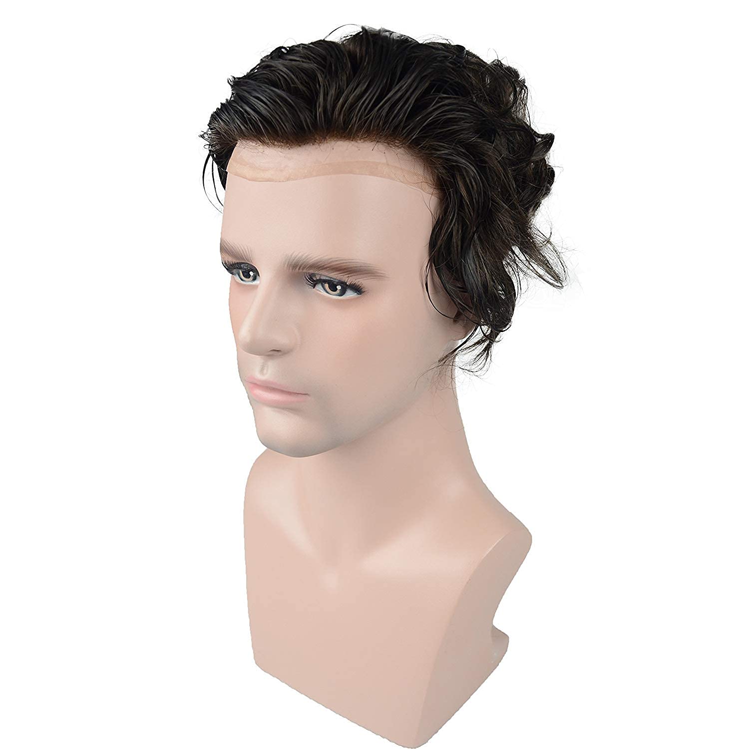 Premium Men's Toupee Human Hair Replacement System - French Lace with 2 Inch PU Back - #1B Off Black - Natural Looking Hairpiece for Thinning Hair & Baldness - Perfect for Daily Wear, Special Occasions & Confidence Boost