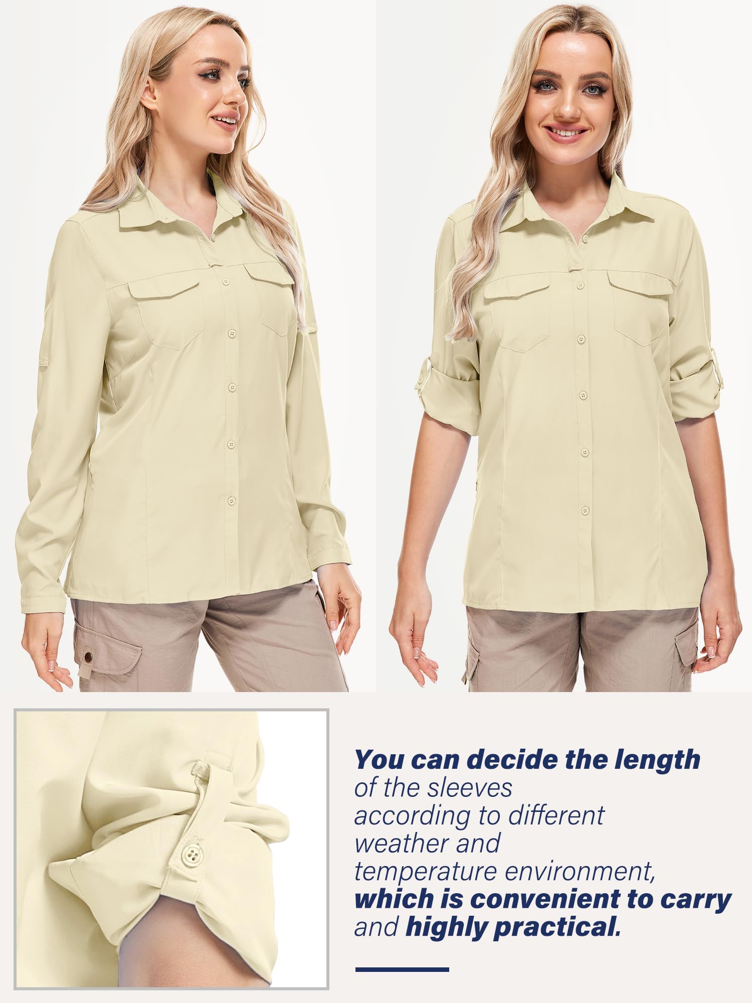 UPF50+ Sun Protection Fishing Shirts for Women & Men - Long Sleeve Travel & Work Shirts with Zipper Pockets - Perfect for Safari, Hiking, Beach & Outdoor Activities