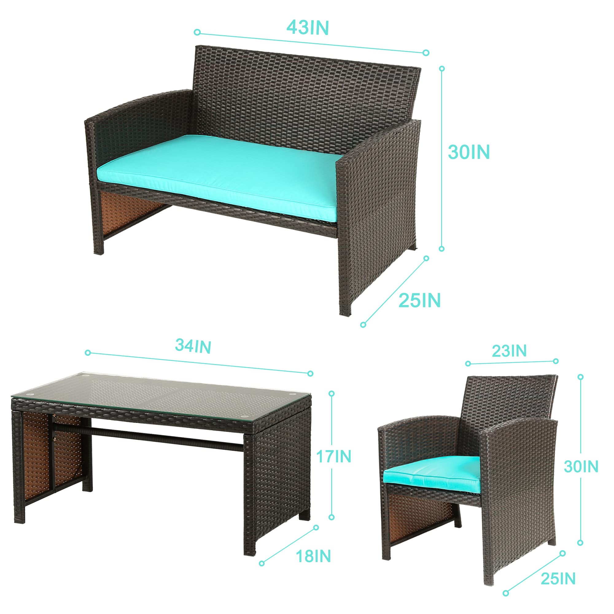 4-Piece Brown Wicker Patio Furniture Set with Blue Cushions & Glass Table - Outdoor Conversation Set for Poolside, Lawn, Porch, Balcony, Garden, and Indoor Use