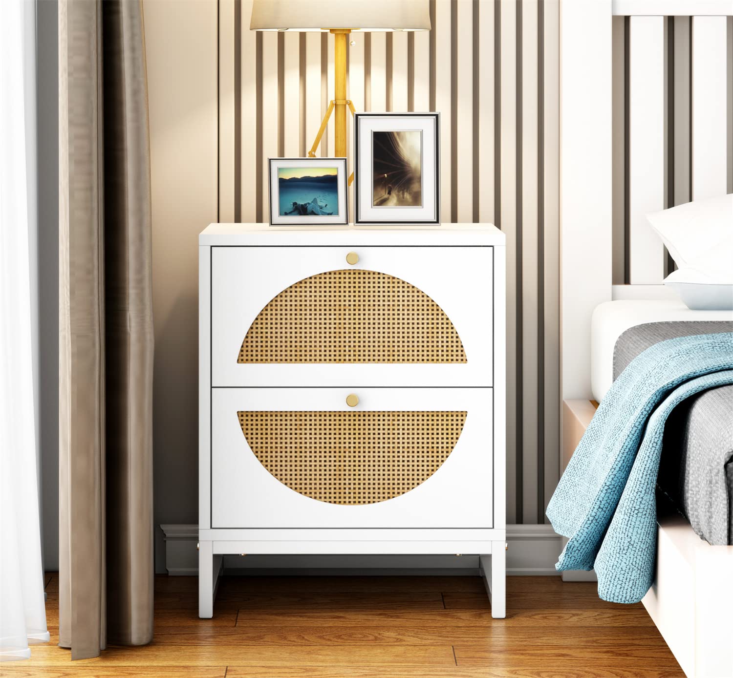 White Nightstand with 2 Rattan Drawers - Wooden Side Table with Metal Base for Bedroom & Living Room - Perfect for Storage and Home Decor