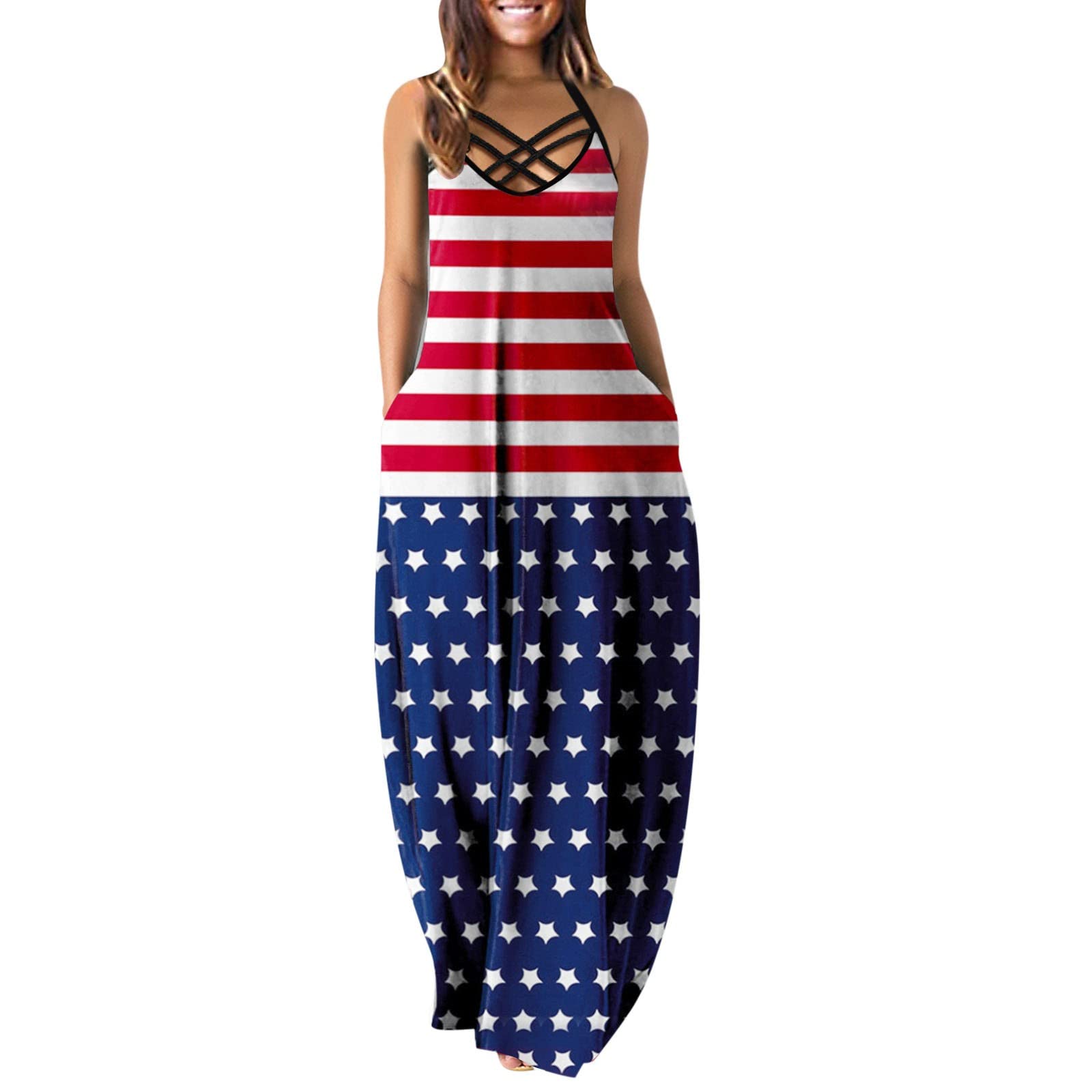 HimTak Women's Summer V-Neck Casual Dress - Trendy 2022 Printed Spaghetti Strap Maxi A-Line Tunic Dress for Beach, Vacation & Outdoor Parties