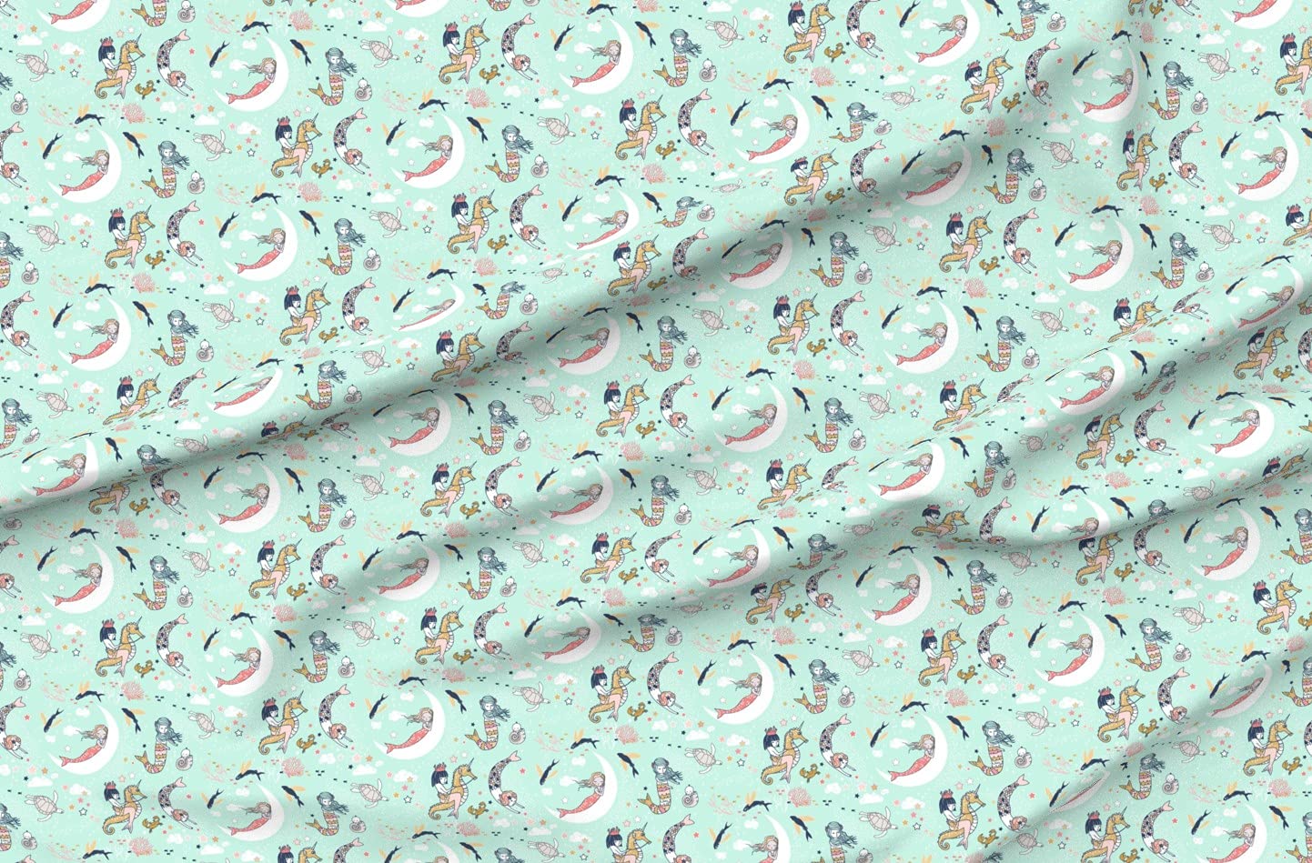 Mermaid Lullaby Mint Navy Coral Gold Printed Minky Fabric Fat Quarter - Soft Plush Fabric for Baby Blankets, Quilt Backing & Sewing Projects - Underwater Theme Nursery Decor