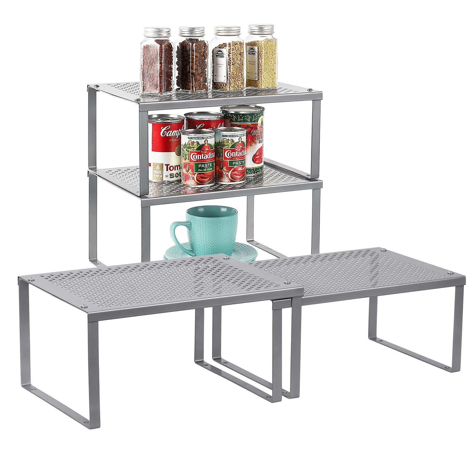 MOOACE Stackable Expandable Kitchen Cabinet Organizer Set of 4 - Silver Spice Rack Shelf for Pantry, Countertop & Cabinet Storage | Perfect for Organizing Spices, Cans & Kitchen Supplies