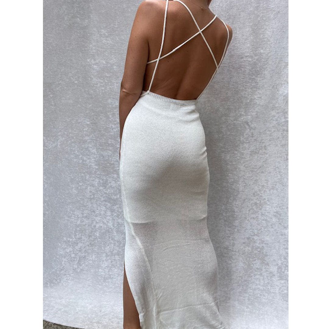 GALINA Ivory Knit Bodycon Backless Maxi Dress for Women - Elegant Slim Fit Long Evening Gown for Parties, Weddings & Date Nights