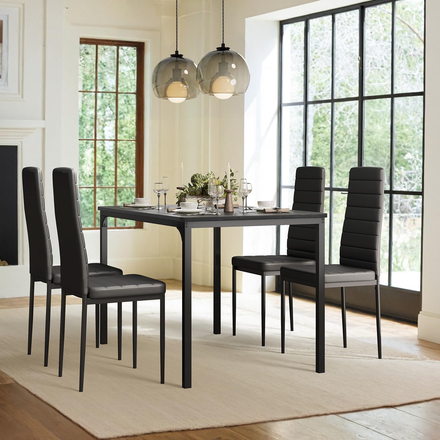 5-Piece Gizoon Dining Table Set for 4 with Upholstered PU Leather Chairs - Kitchen & Dining Room Table Set for Small Spaces, Apartments, Living Rooms - Perfect for Family Meals, Entertaining Guests & Compact Home Decor (Black)