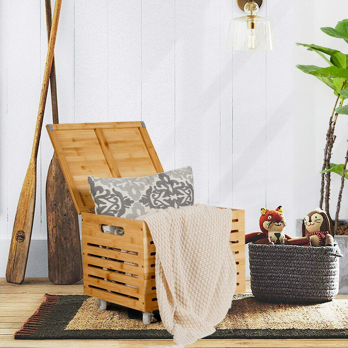 Bamboo Rolling File Storage Organizer Box - Wooden Hanging Filing Cabinet for Office & Home Organization - Perfect for Desk, Shelf, or Wall Storage