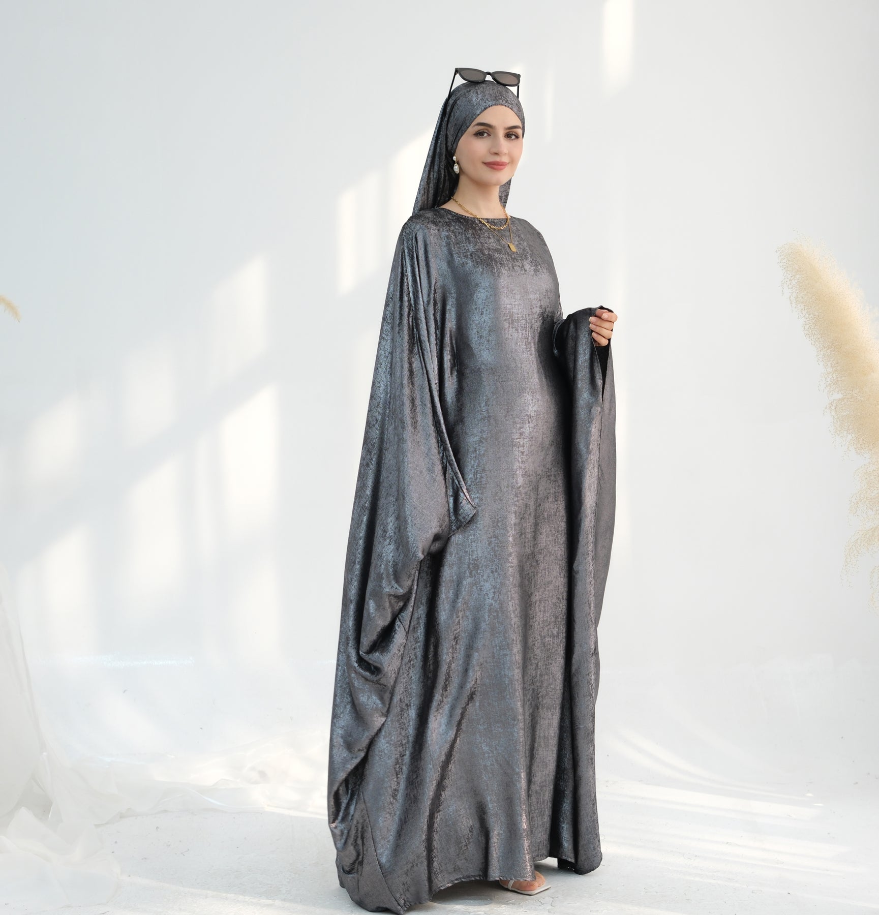 Linora Shimmer Butterfly Abaya - Elegant Gray Islamic Dress for Women | Perfect for Eid, Ramadan & Special Occasions