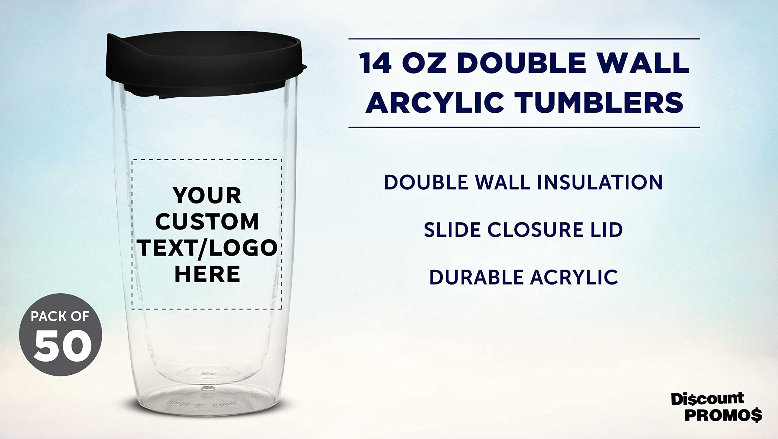 Custom 14 oz Double Wall Plastic Tumblers with Slid-Lock Lid - 50 Pack Personalized Coffee Cups for Travel, Office & Outdoor - Black (Text/Logo Printing Available) - Insulated Cold & Hot Drink Containers for Coffee, Tea, Smoothies & More