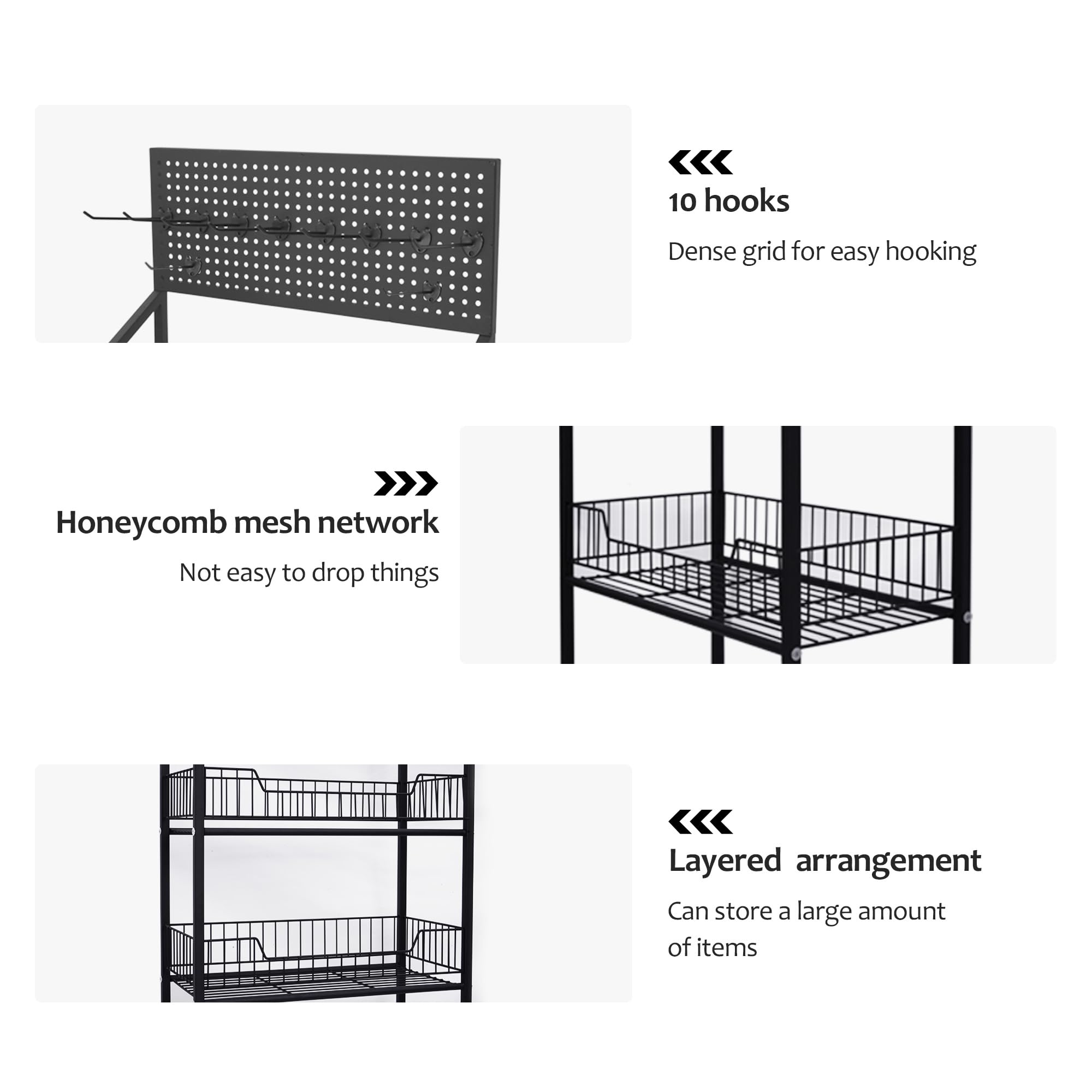 4-Tier Metal Snack Display Rack with Wheels & Hooks - Black Candy Merchandise Organizer for Supermarket, Retail Store & Home Kitchen - Perfect for Snacks, Candy, Spices & Kitchen Storage