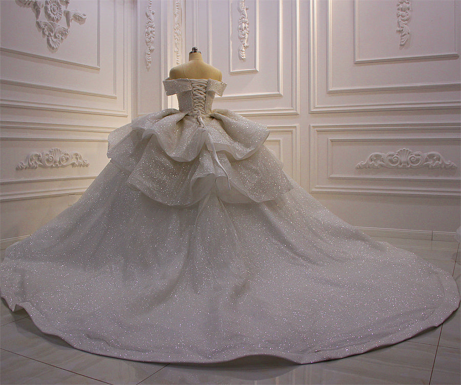 **Elegant Off Shoulder Pleated Glitter Wedding Dress AM602 - Shiny & Sparkly Gown for Brides, Prom, Evening & Special Occasions**