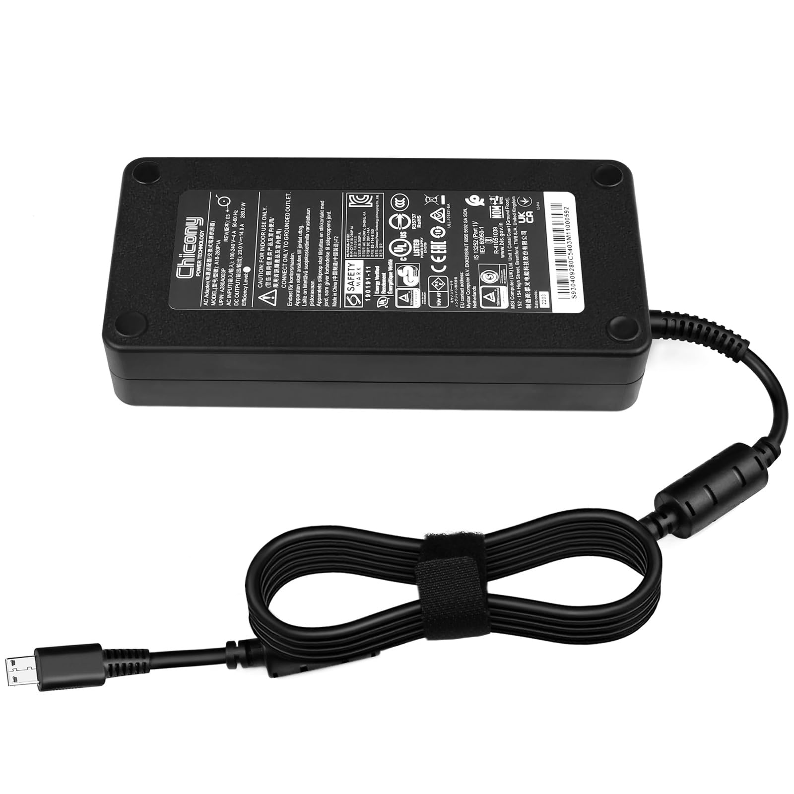 280W Slim USB-C Laptop Charger for MSI GS77/GE66/GE76 Raider/GP76/GP66 Leopard & Clevo X170SM-G/X170KM-G - Compatible with ADP-280BB/ADP-280EB/A18-280P1A - Fast Charging Power Adapter for Gaming & Work Laptops