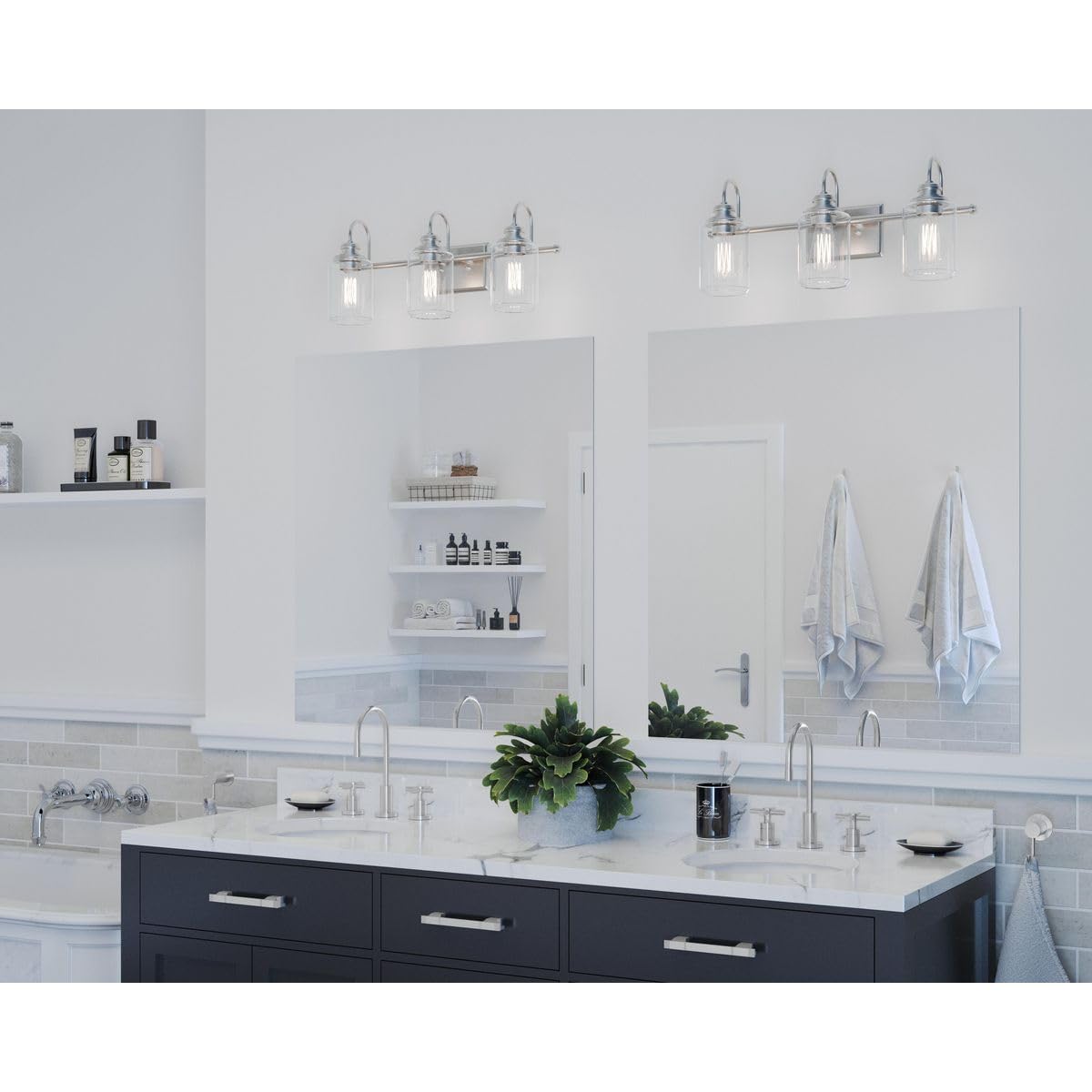 Progress Lighting Aiken Collection 3-Light Clear Glass Brushed Nickel Farmhouse Bathroom Vanity Light - Perfect for Modern Farmhouse, Rustic, and Traditional Bathroom Decor