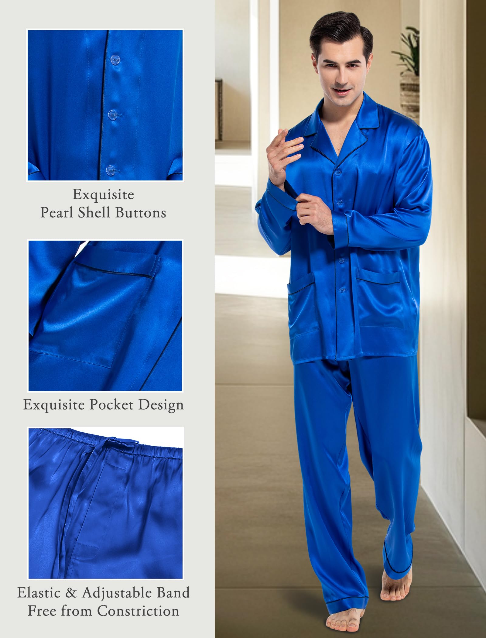 Luxury Men's Silk Pajamas Set - 2PC Long Sleeve Button Down Sleepwear for Men | Soft & Breathable Silk Pajama Set | Perfect for Relaxing at Home, Lounging & Gift Giving