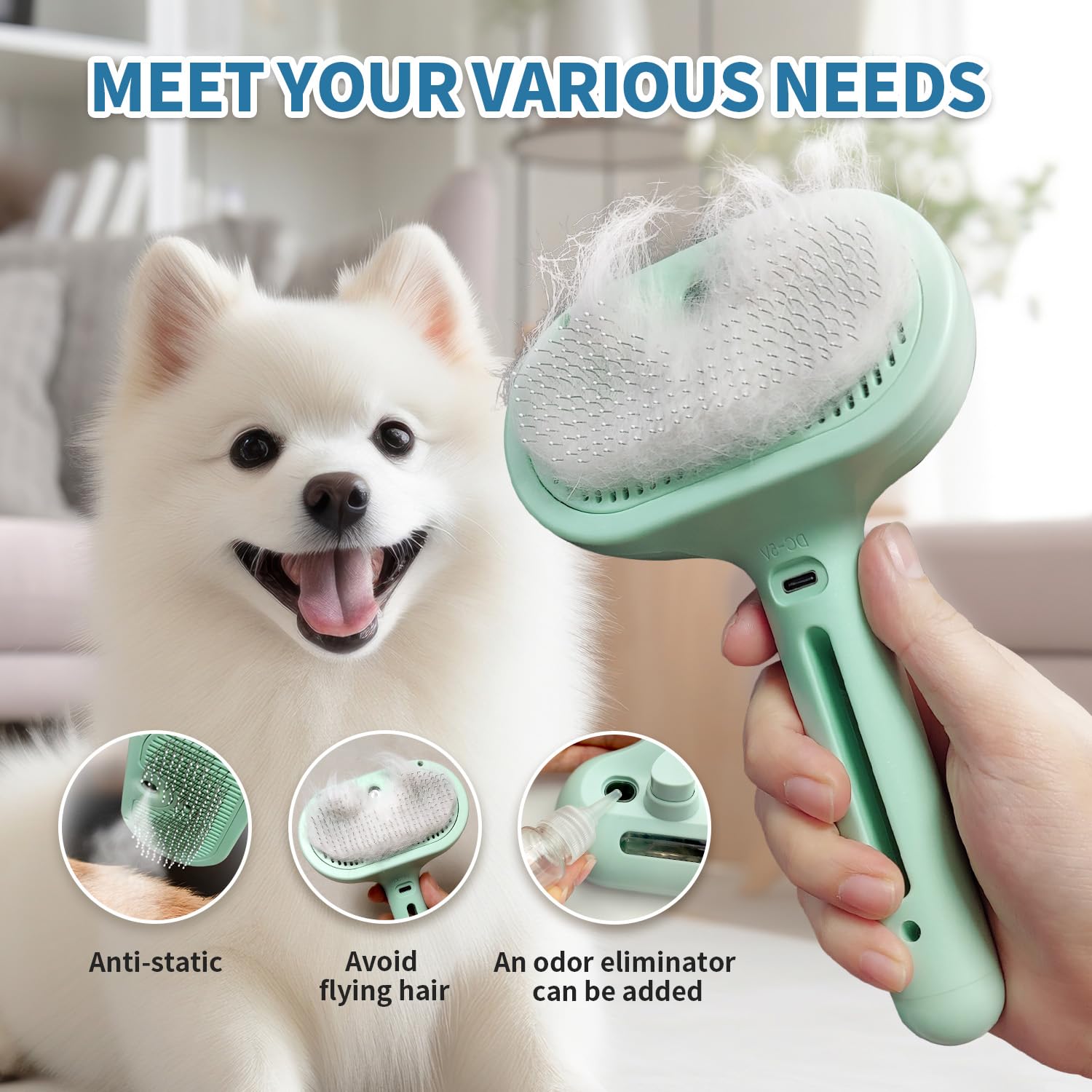 3-in-1 Self Cleaning Pet Grooming Brush - Steam Hair Brush for Dogs & Cats to Reduce Shedding, Anti-Static Deshedding Tool for Long & Short Hair Pets - Perfect for Home Grooming & Shed Control (Green)