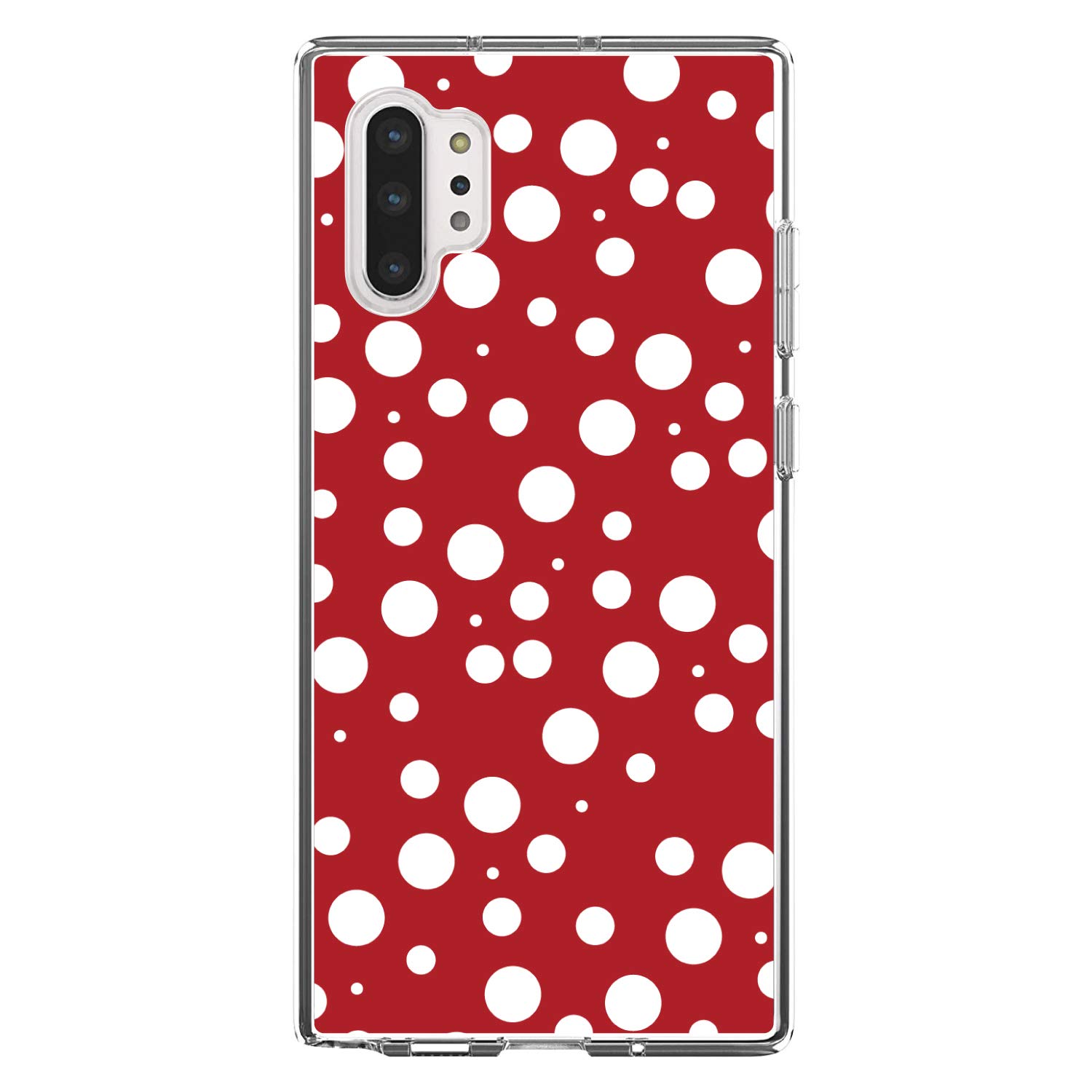 Shockproof Hybrid Case for Samsung Galaxy Note 10 Plus (6.8 Inch) - Clear TPU Bumper with Acrylic Back & Tempered Glass Screen Protector - Red White Polka Dot Pattern - Perfect for Daily Use, Office Work and Travel Protection
