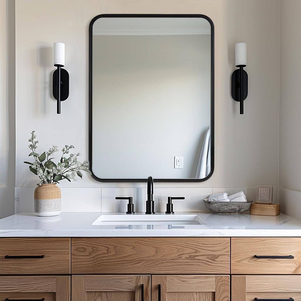 ANDY STAR 24x36 Inch Matte Black Bathroom Mirror - Modern Rounded Rectangle Vanity Mirror with Metal Frame, Excellent Reflection, Vertical or Horizontal Hanging - Perfect for Bathroom, Bedroom, Dressing Room & Home Decor