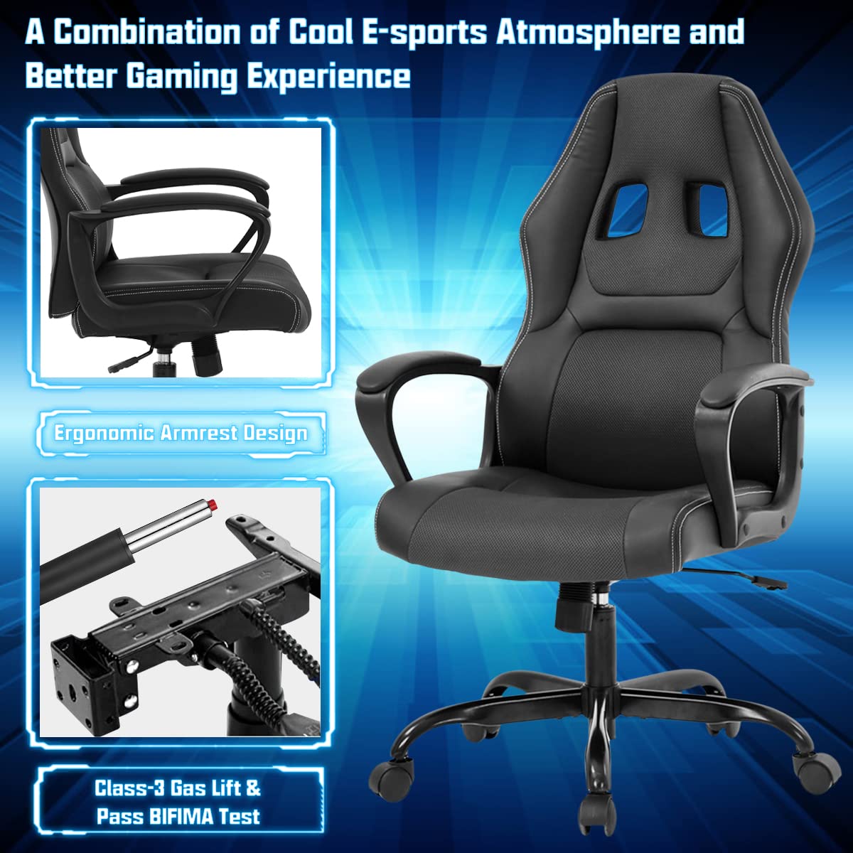 Ergonomic Gaming Chair with Lumbar Support - Adjustable High Back PU Leather Computer Desk Chair for Adults & Teens - Swivel Rolling Office Chair for PC Gaming, Work & Study - Black