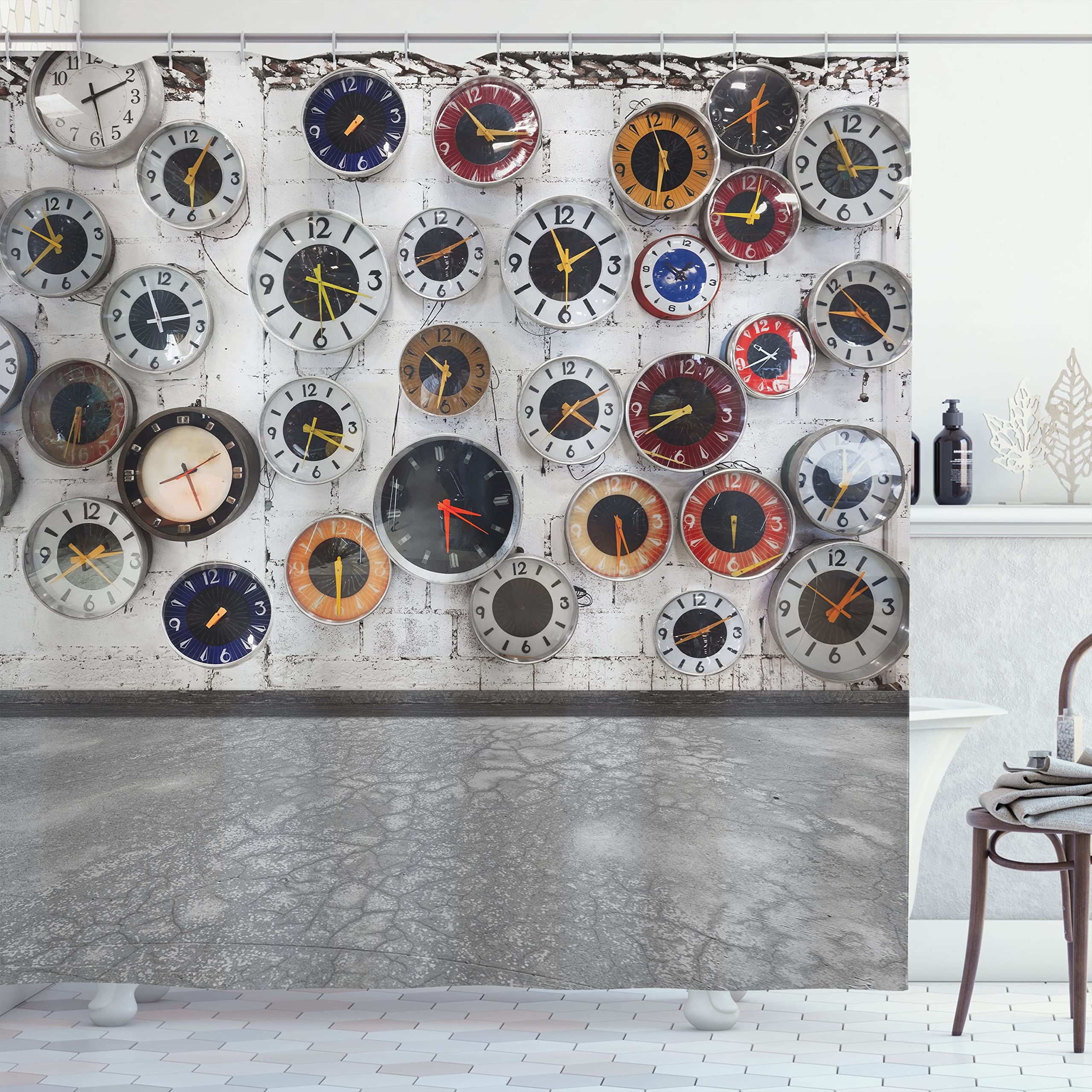 Modernistic Clock Shower Curtain - Vivid Circular Watches Design for Bathroom Decor - 105