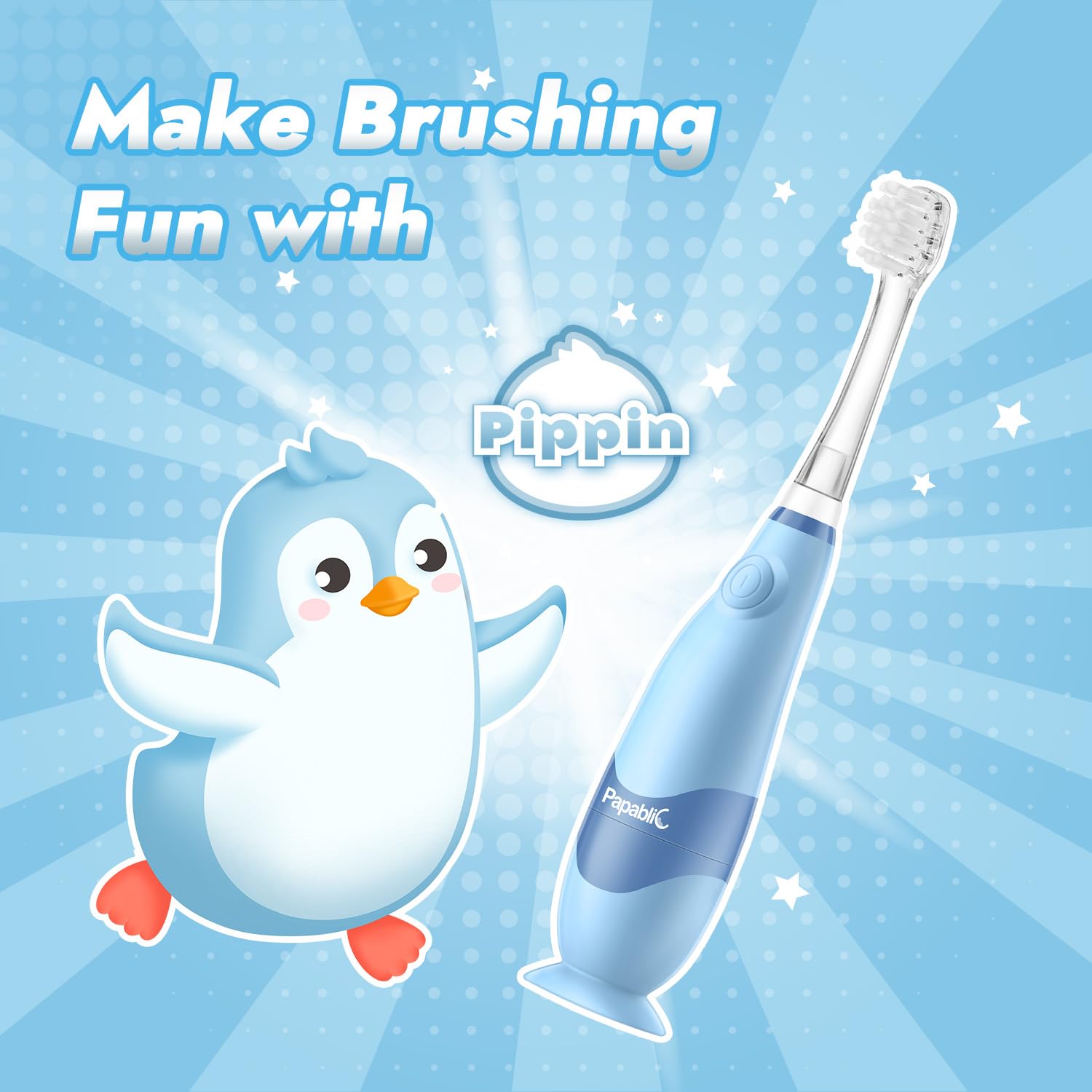 Papablic Sonic Electric Toothbrush for Kids Ages 1-3 | Soft Bristle Baby Toothbrush with Penguin Cover & 2-Minute LED Timer | 2 Replacement Brush Heads (Pippin) | Perfect for Toddler Dental Care & Early Brushing Habits