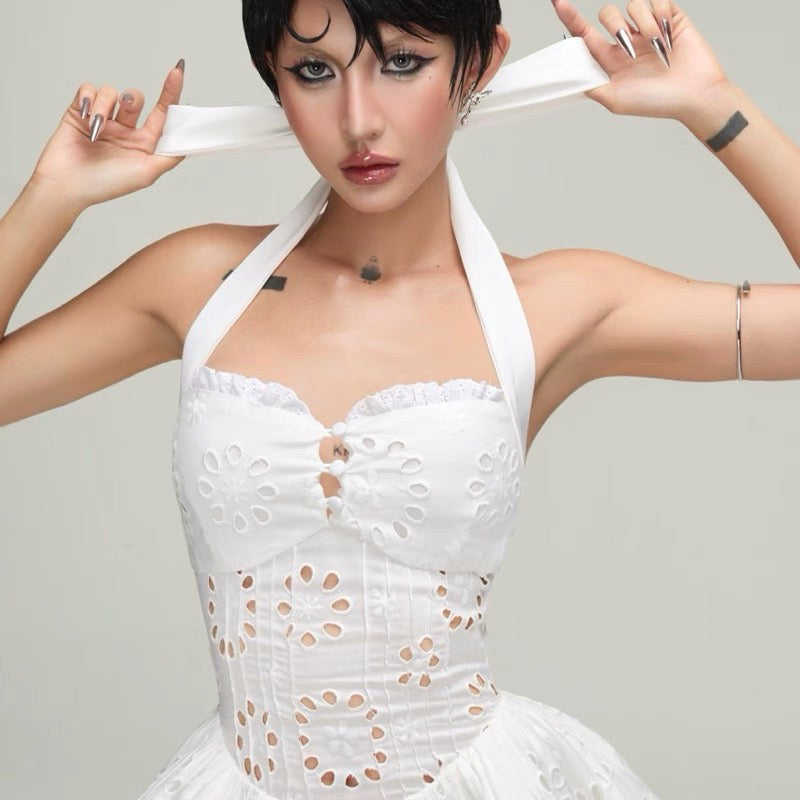 Elegant White Embroidered Hollow-Out Halter Mini Dress - Perfect for Summer Parties, Beach Vacations & Date Nights