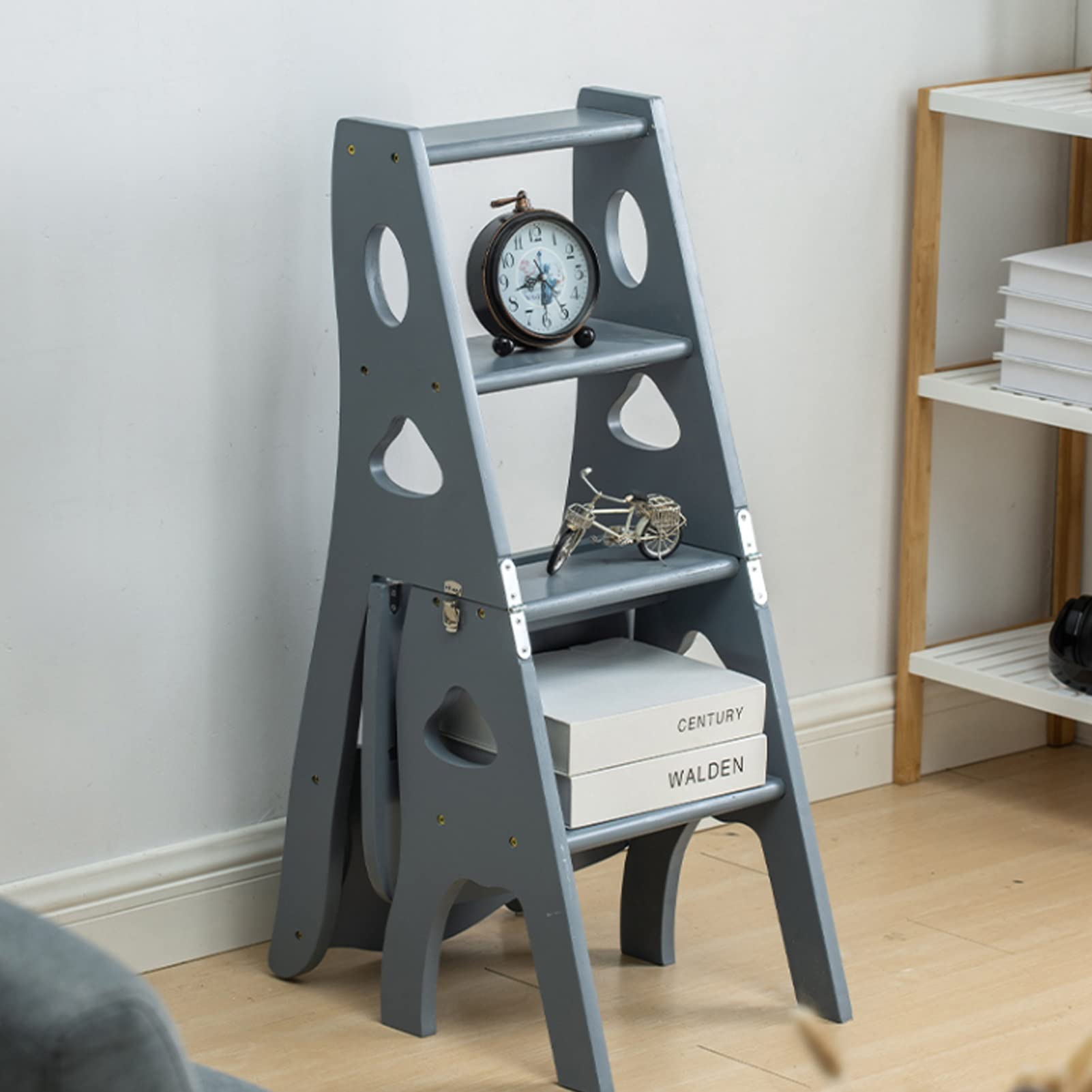 4-Step Portable Ladder Stool, Foldable Kitchen Step Stool with Non-Slip Feet - Blue Gray | Perfect for Reaching High Shelves, Kitchen Storage & Plant Display