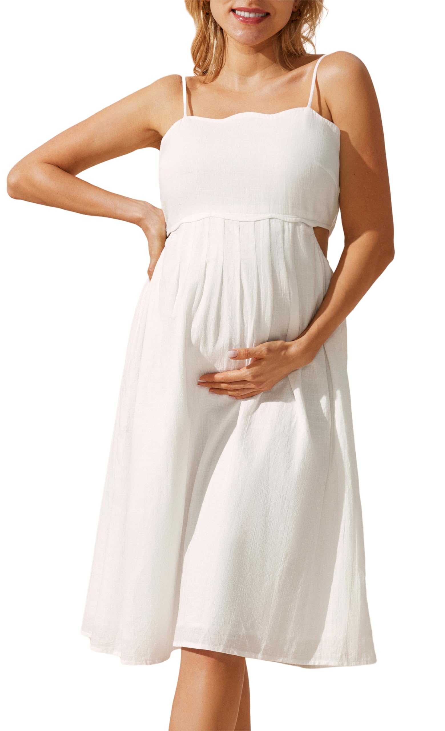 Maacie Maternity Midi Dress 2025 - Spaghetti Straps, Smocked Side Cutout, Cotton Boho Flowy Loose A-Line Summer Dress for Pregnancy | Perfect for Beach Vacations, Baby Showers & Casual Outings