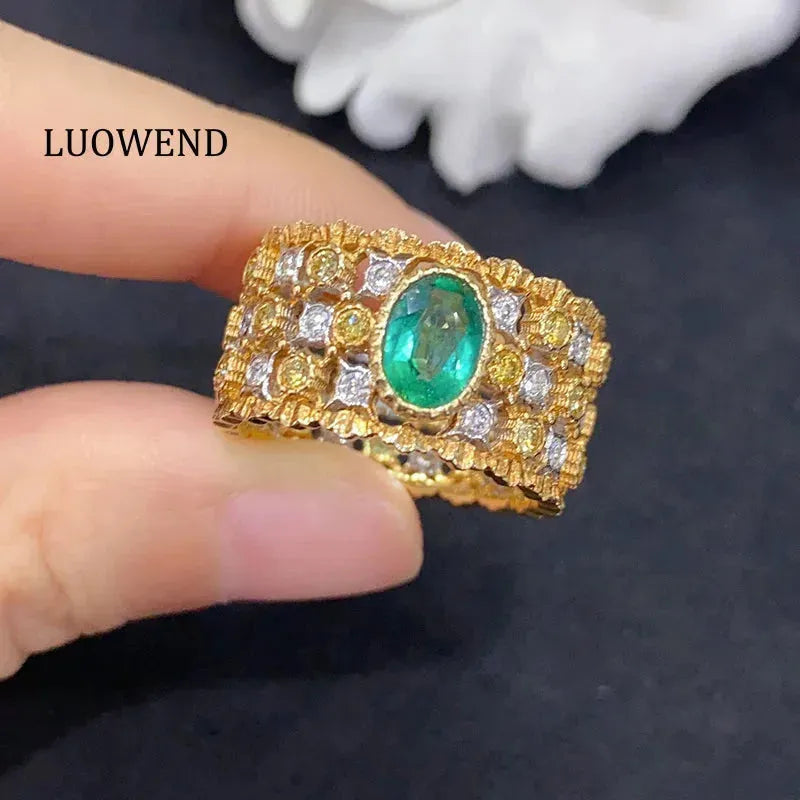 18K White & Yellow Gold Honeycomb Design Ring with Real Natural Emerald & Diamond for Women | Elegant Wedding, Engagement, Anniversary Jewelry Gift