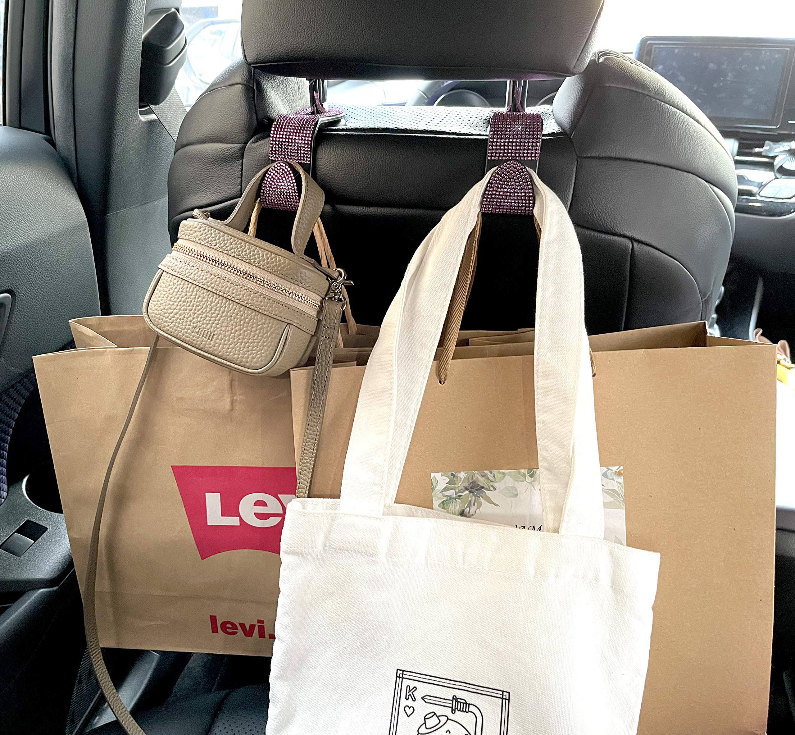 2 Pcs Crystal Car Seat Hooks - Bling Headrest Hangers for Purse, Handbag, Clothes & Grocery Bags (Blue) | Perfect for Organizing Your Car Backseat While Shopping or Traveling