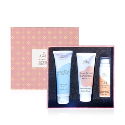 AVEIL Day Dream Essentials Skincare Set - Sheer Tinted Sunscreen 50ml, Vitamin C Serum 30ml, Face Cleanser 75ml | Soothing, Hydrating & Brightening for All Skin Types | Perfect for Daily Routine, Travel & Gift Giving