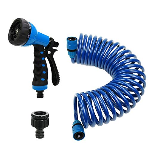 25FT EVA Recoil Garden Hose with 7-Pattern Spray Nozzle - 3/8 Inch Self Coiling, Lightweight & Lead-Free - Drinking Water Safe Retractable Hose for Lawn, Patio, Garden & Outdoor Watering (Blue) - Perfect for Gardening, Car Washing & Pet Cleaning