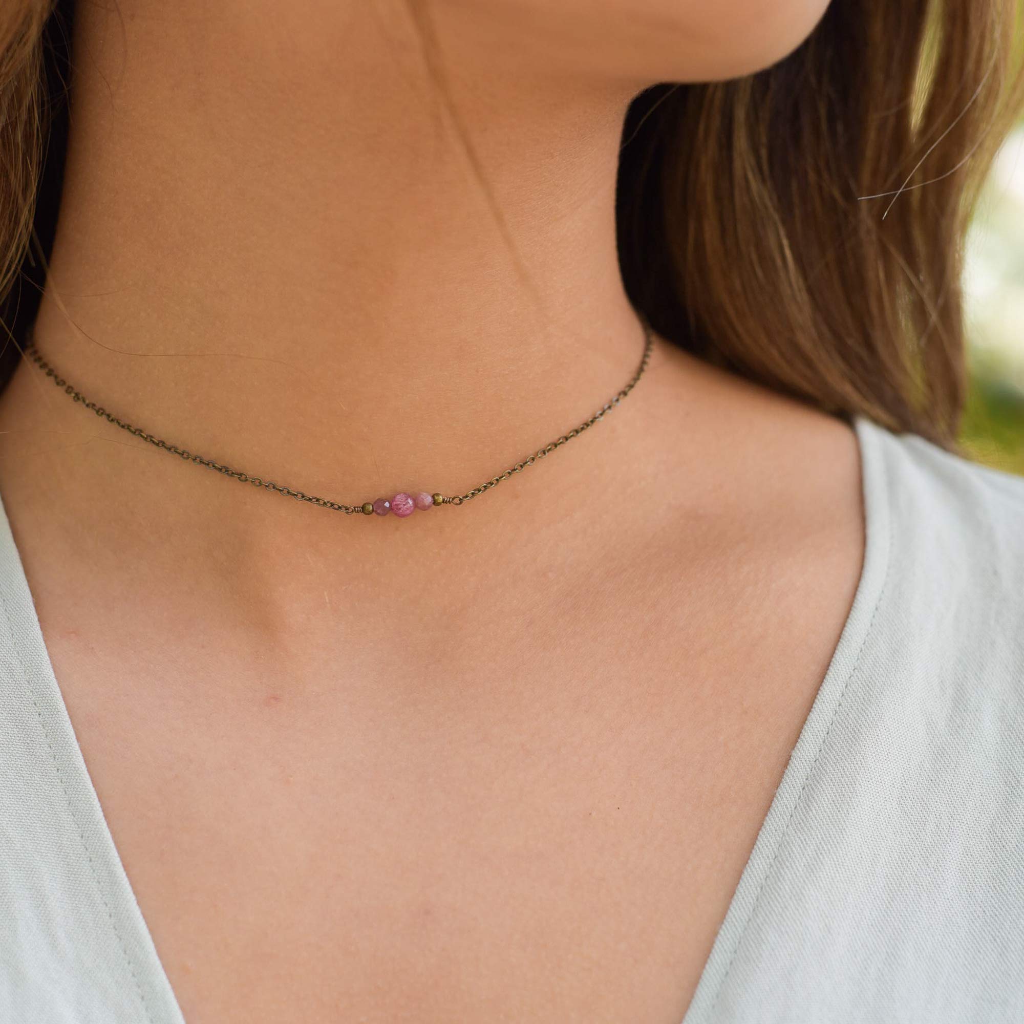 Elegant Pink Tourmaline Dainty Choker Necklace in Bronze - Perfect for Weddings, Date Nights & Special Occasions