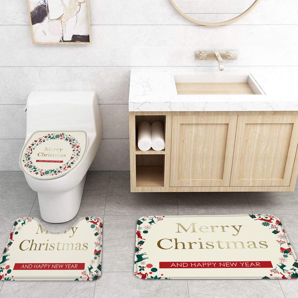 4PCS Non-Slip Bath Mat Set - Christmas Reindeer Decor for Bathroom