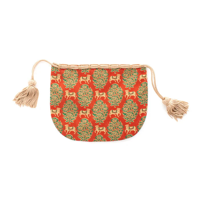 Handmade Kyoto Nishijin Ori Small Drawstring Pouch - Bull & Red Design - Authentic Japanese Traditional Craft Purse for Coins, Jewelry & Gifts