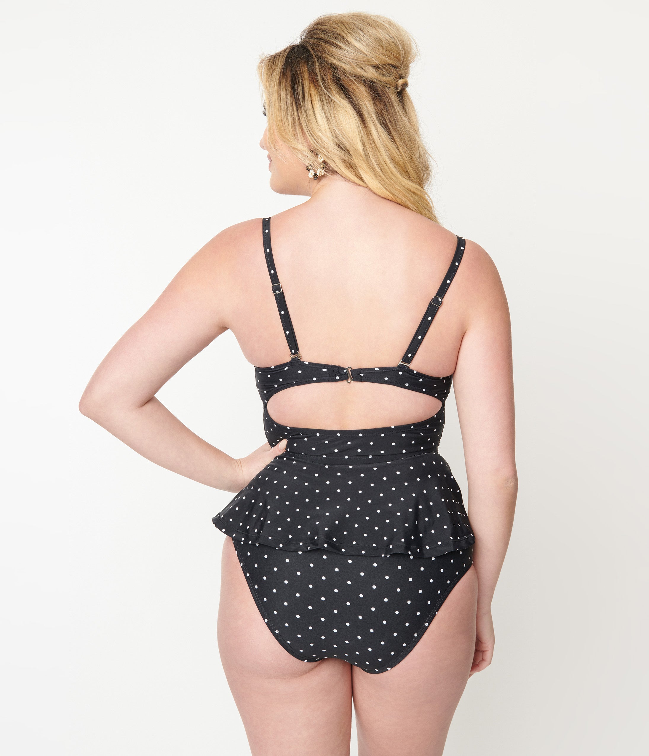 Vintage Black & White Polka Dot Peplum Tankini Swim Top for Women - Retro High Waist Bikini Top for Beach, Pool & Summer Vacation
