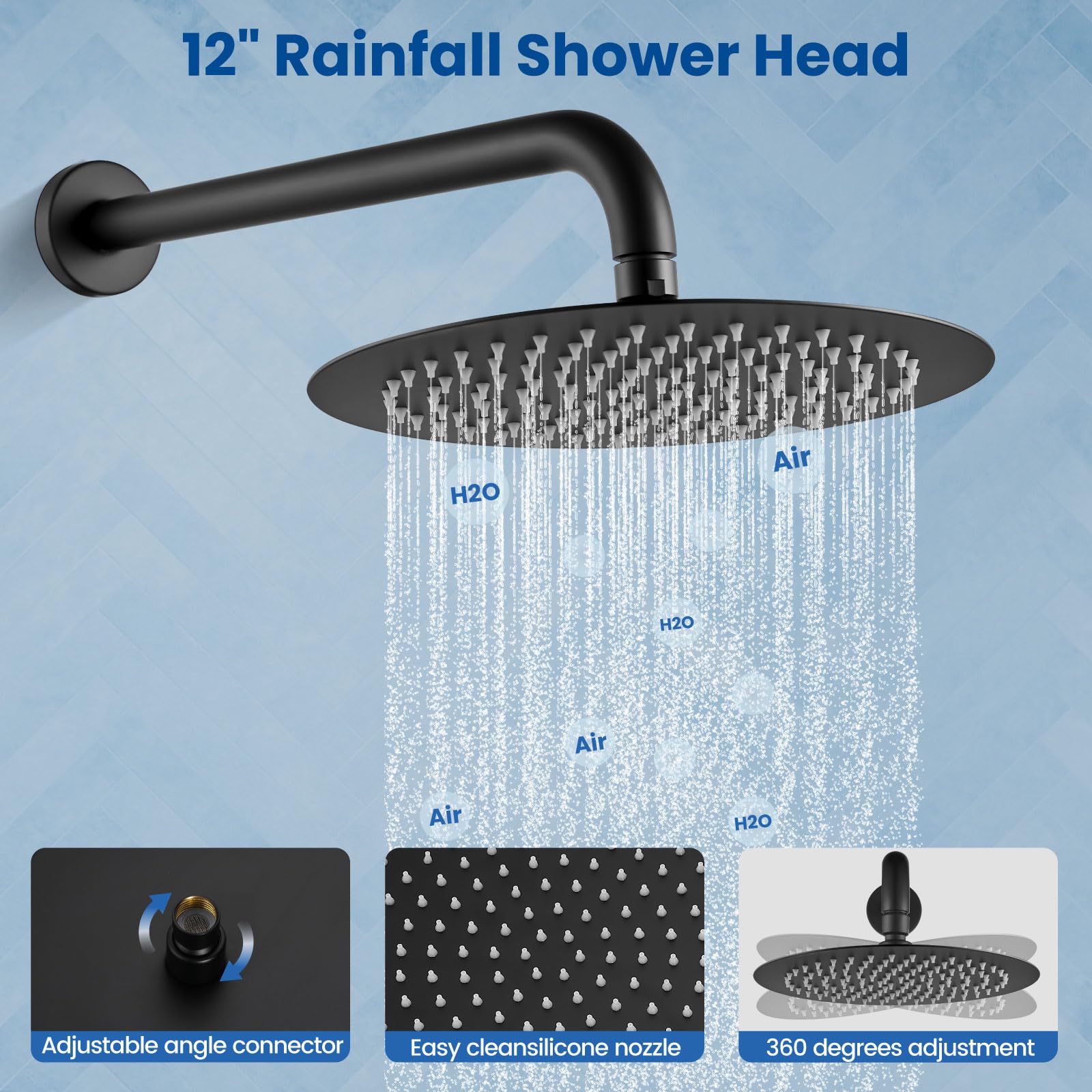 Airuida 12-Inch Matte Black Round Shower System Set - 3-Function Wall Mount Rain Shower Faucet with 2-Function Handheld & Tub Spout - Perfect for Modern Bathroom Renovations and Spa-Like Shower Experience
