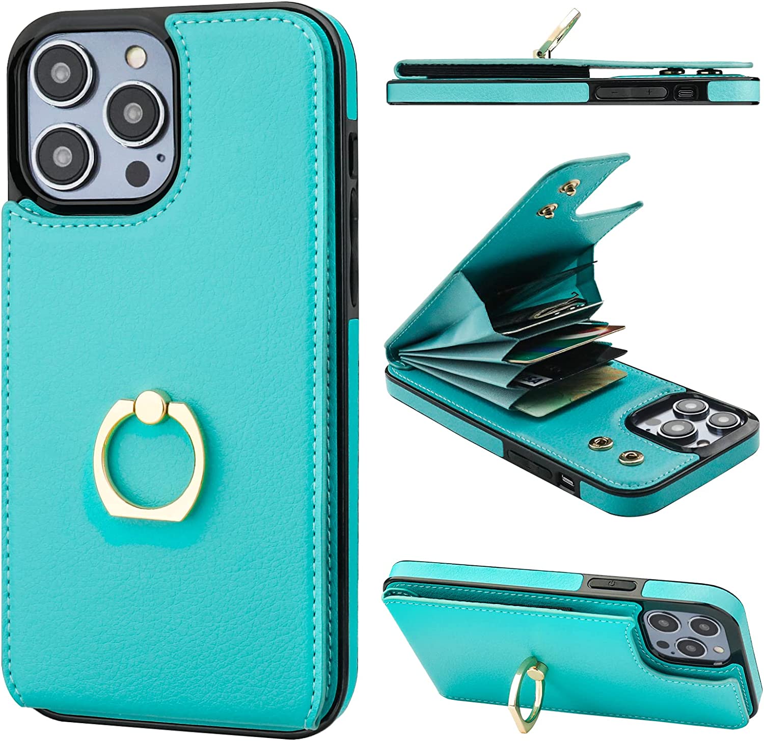 iPhone 14 Pro Max Wallet Case with Card Holder & 360° Rotating Finger Ring - Rose Gold | Slim Protective Cover for Everyday Use & Travel