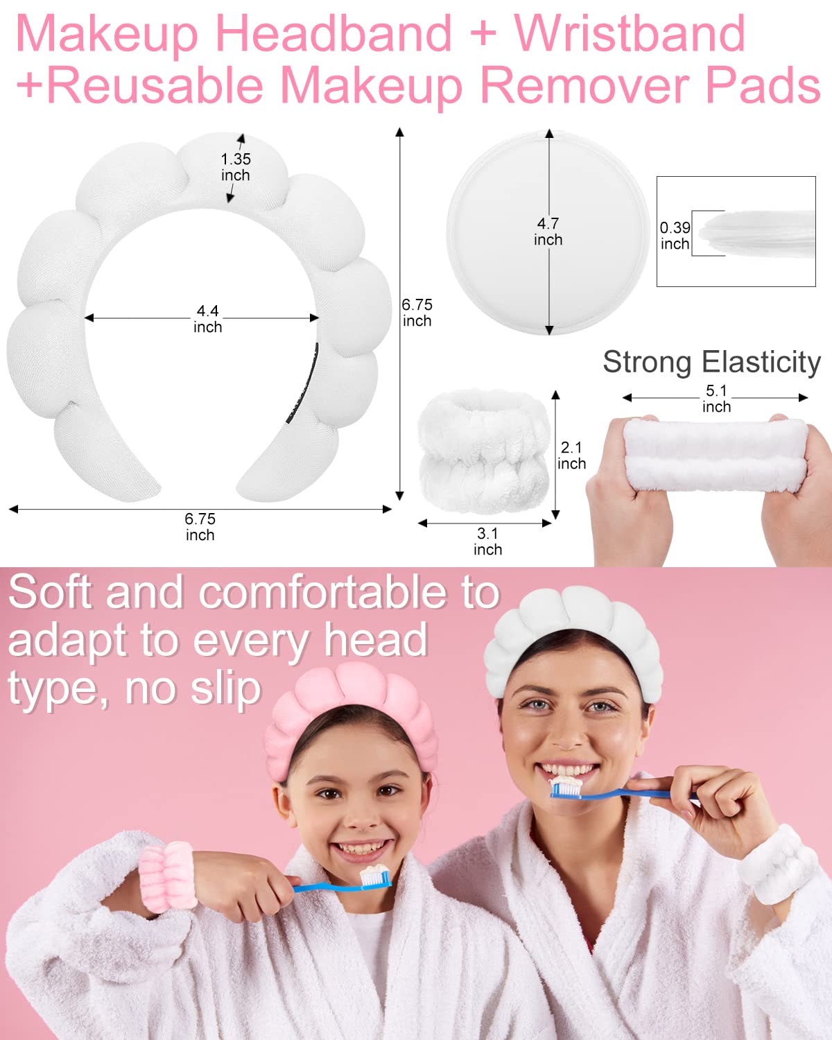 PGRODE 4 Pack Soft Spa Headbands for Women - Black Makeup & Skincare Headband Set with 2 Reusable Makeup Remover Cloths - Perfect for Washing Face, Beauty Routine & Spa Days at Home