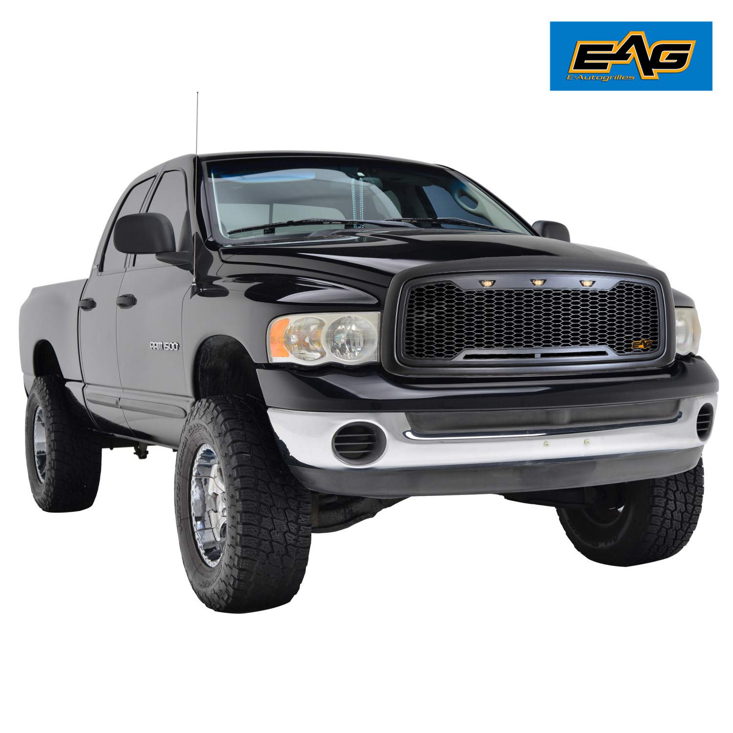 EAG Replacement ABS Upper Grille with Amber LED Lights - Charcoal Gray - Fits 2002-2005 Ram 1500/2500/3500 - Durable Front Grille Upgrade for Off-Road & Truck Customization