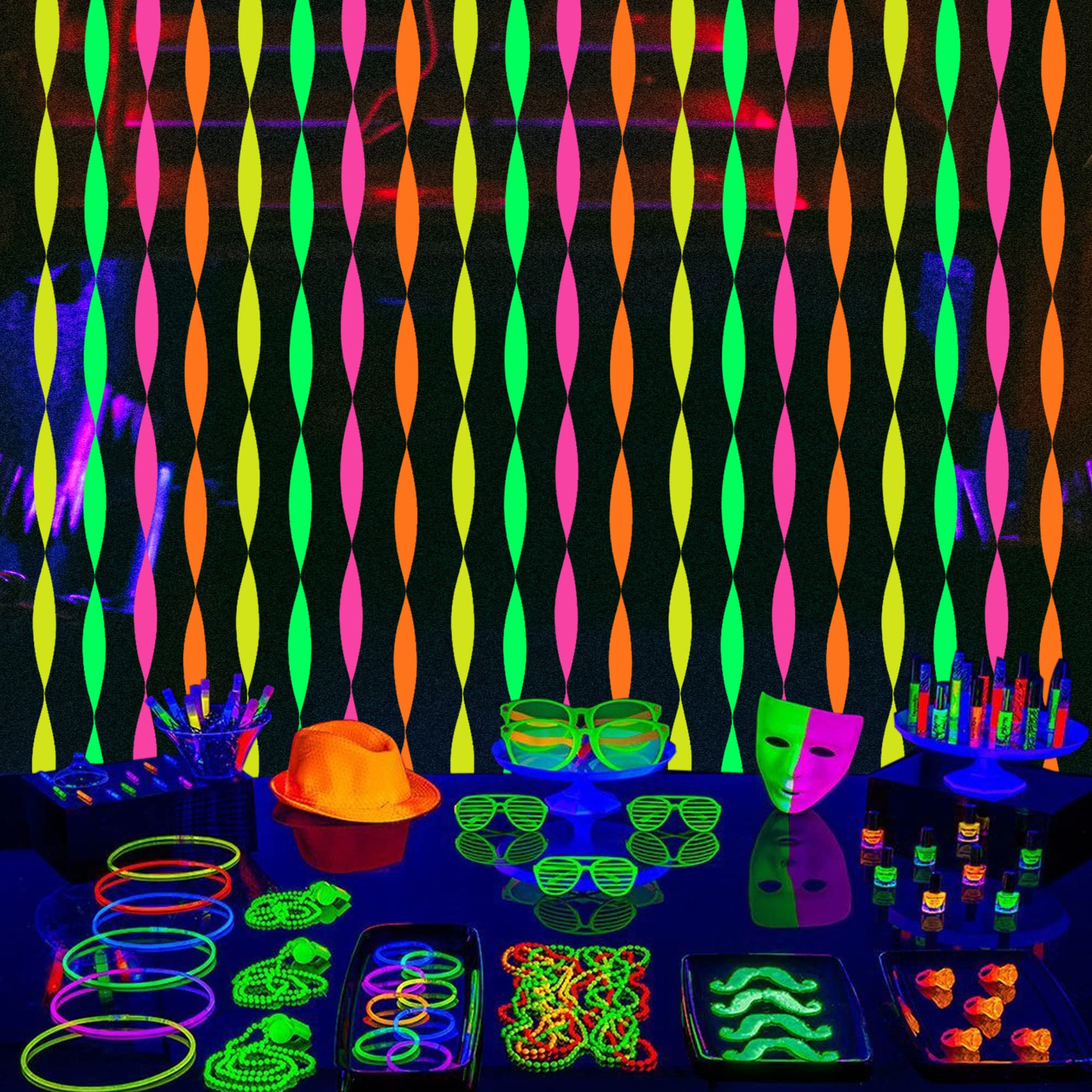 Glow in The Dark Party Streamers - 8 Rolls Neon Crepe Paper Decorations for Blacklight, Fluorescent Reactive Party Supplies | Perfect for Neon Parties, Birthday Celebrations, Raves & Nightclub Events
