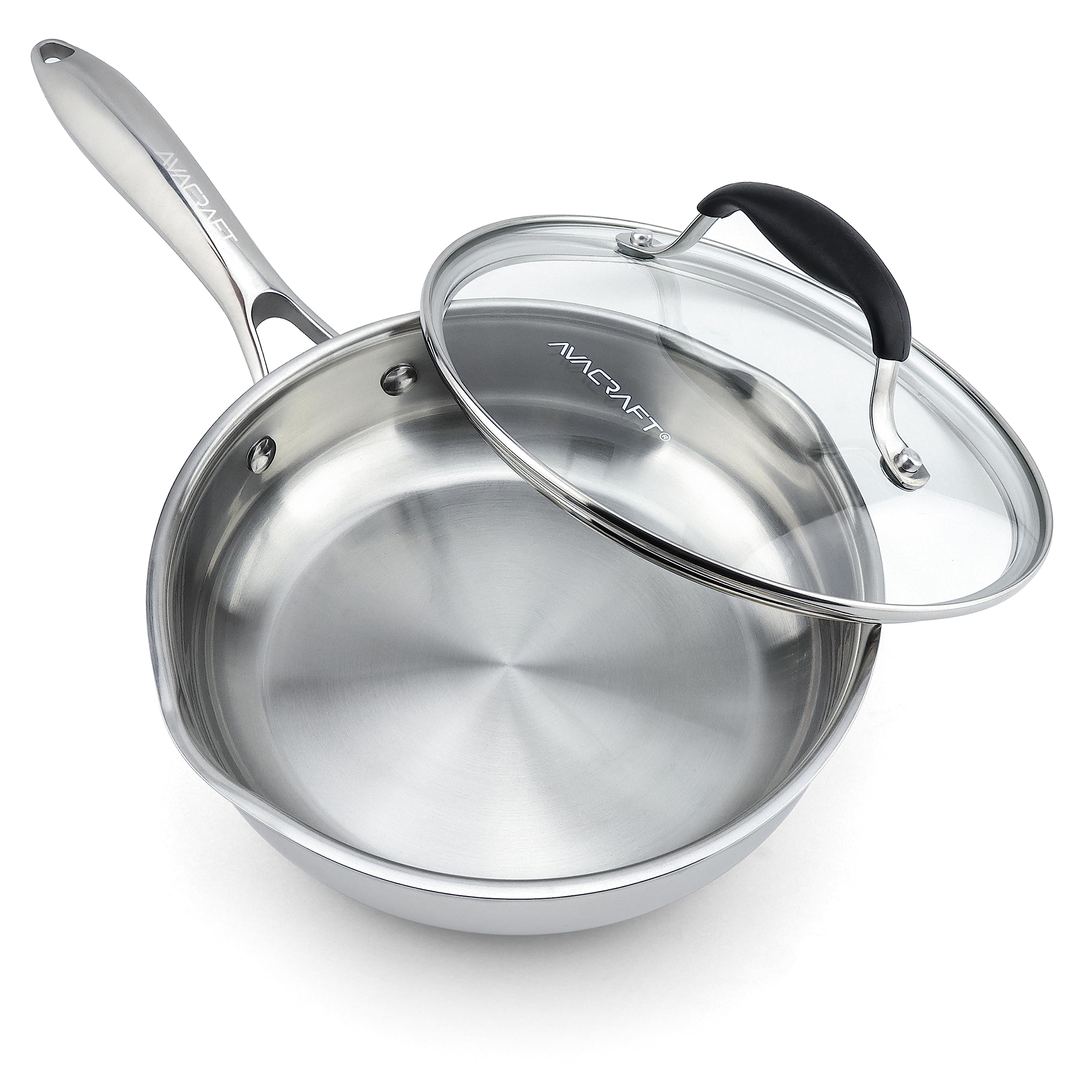 AVACRAFT 18/10 Stainless Steel 8-Inch Frying Pan with Lid - Induction Compatible Skillet with Side Spouts - Non-Toxic & Durable Cookware for Sauteing, Frying & Simmering - Perfect for Home Kitchen & Professional Use