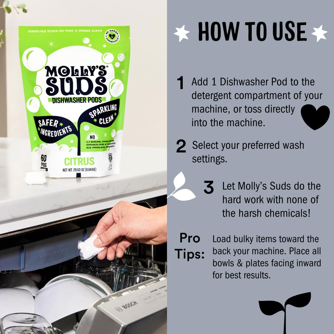 Molly's Suds Dishwasher Pods - Unscented Dishwasher Detergent Tablets, 60 Count | Residue-Free, Cuts Grease & Leaves Dishes Sparkling Clean | Perfect for Daily Dishwashing & Hard Water Areas