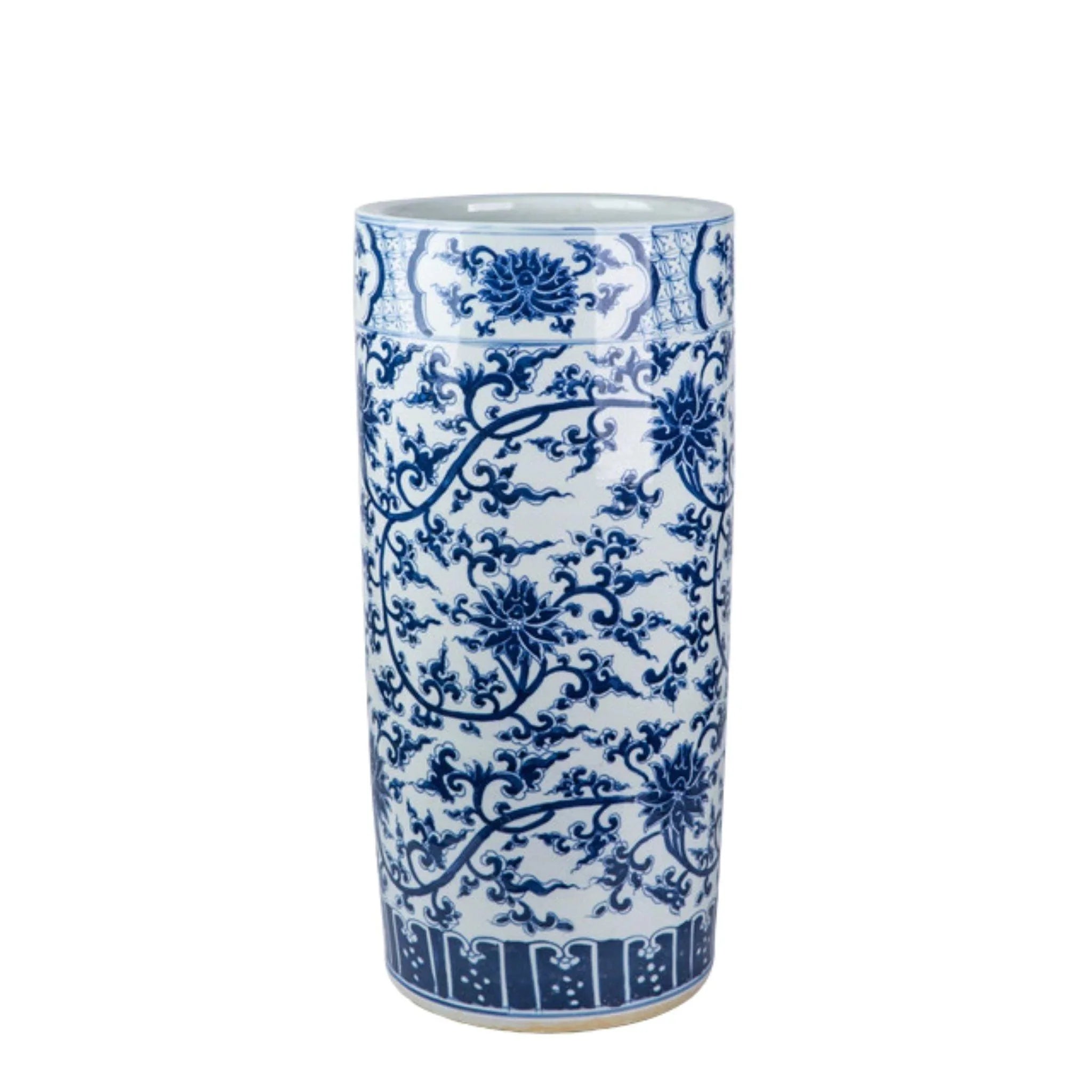 Blue and White Twisted Lotus Porcelain Umbrella Stand Vase - Handmade Ceramic Flower Vase for Entryway Decor, Perfect for Living Room, Office & Home Decor