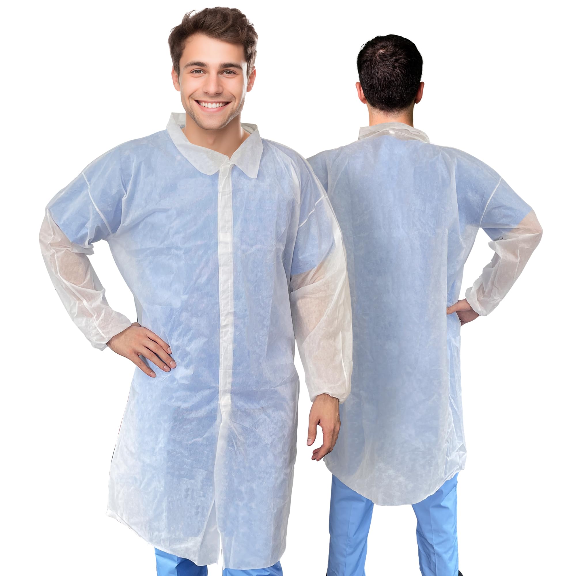 AMZ Medical Supply White Disposable Lab Coat - 30 Pack, 35 GSM Polypropylene Fabric PPE Coat for Adults | Knee-Length Design with Elastic Wrists & Loop Fasteners | Ideal for Medical Professionals, Laboratories, Cleanrooms & Healthcare Settings