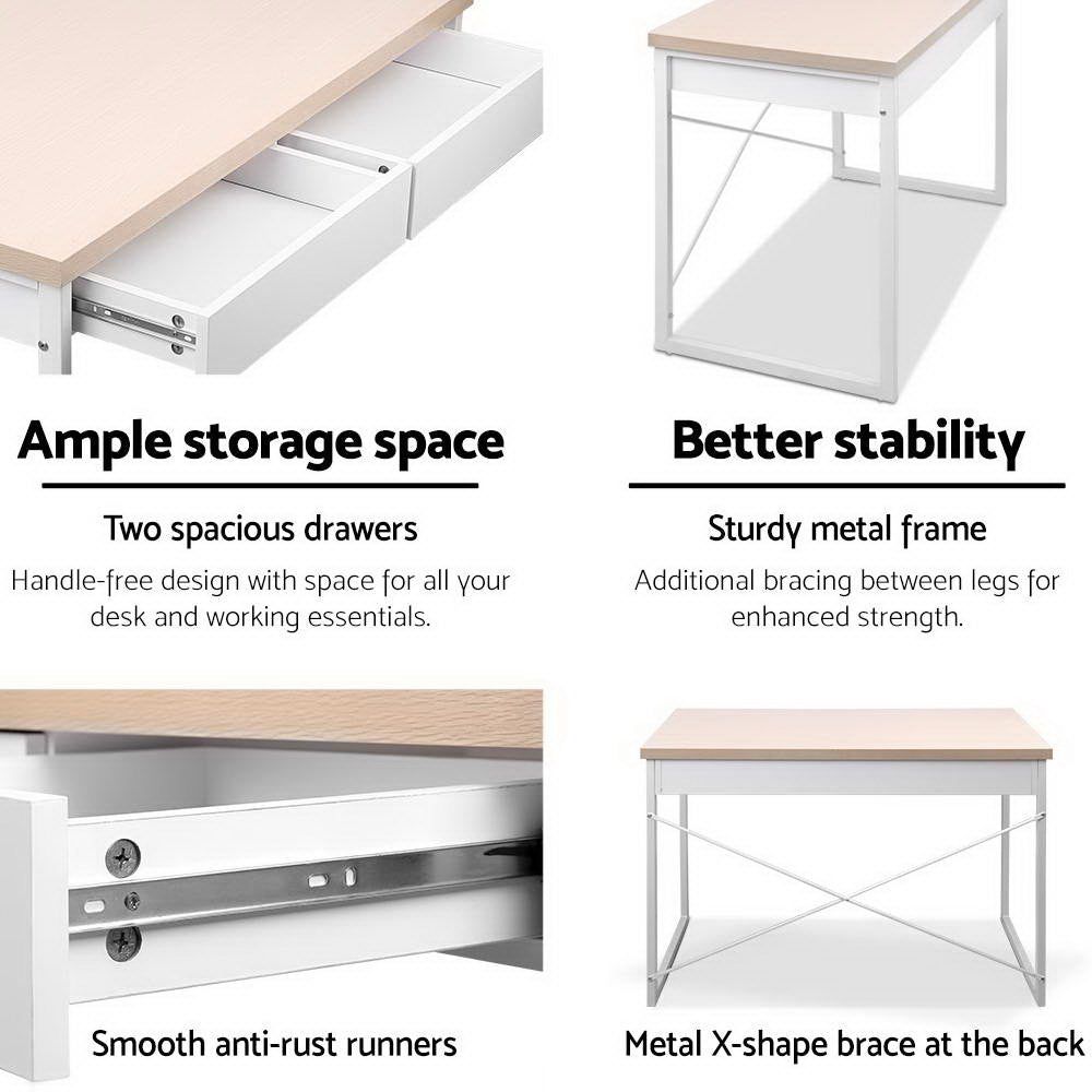 White Metal Desk with Wooden Top and Drawer - Modern Home Office Furniture for Small Spaces, Study & Workstation Setup