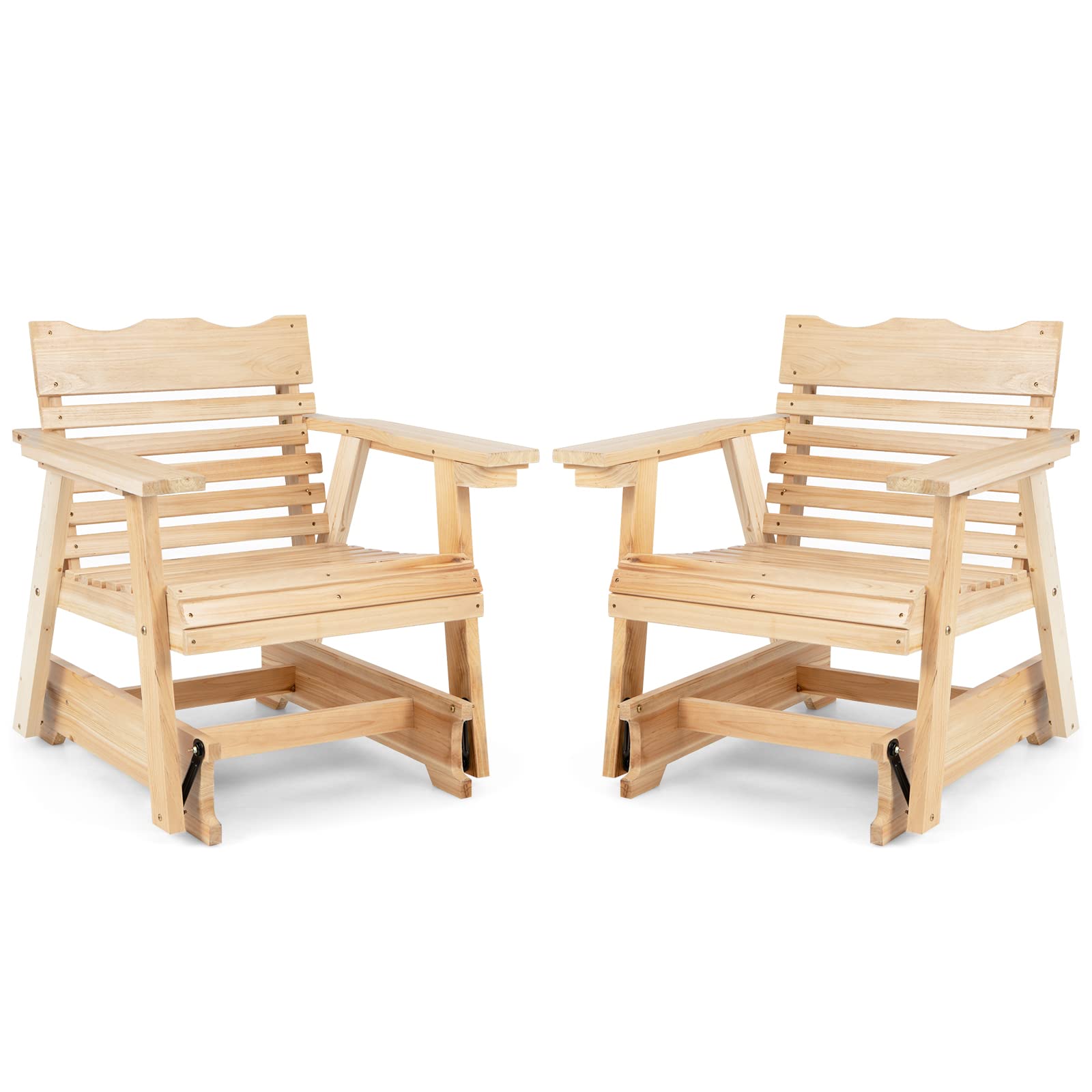 Giantex Outdoor Glider Rocking Chair Set of 2 - High Back Wooden Porch Swing with Wide Armrests, Curved Seat & Rotating Cup Holder - Perfect for Patio, Garden, Balcony, Poolside Relaxation (Natural Finish) - Ideal for Lounging, Reading, and Enjoying Outdoor Breezes