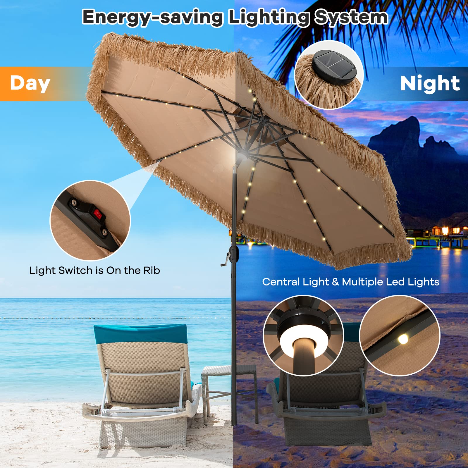 Tangkula 10ft Hawaiian-Style Thatched Patio Umbrella with 32 LED Lights & Solar Center Light - 2-Tier Tiki Umbrella, 8 Ribs, Tilt Adjustment, Manual Crank for Backyard, Poolside, Deck, Beach & Outdoor Parties